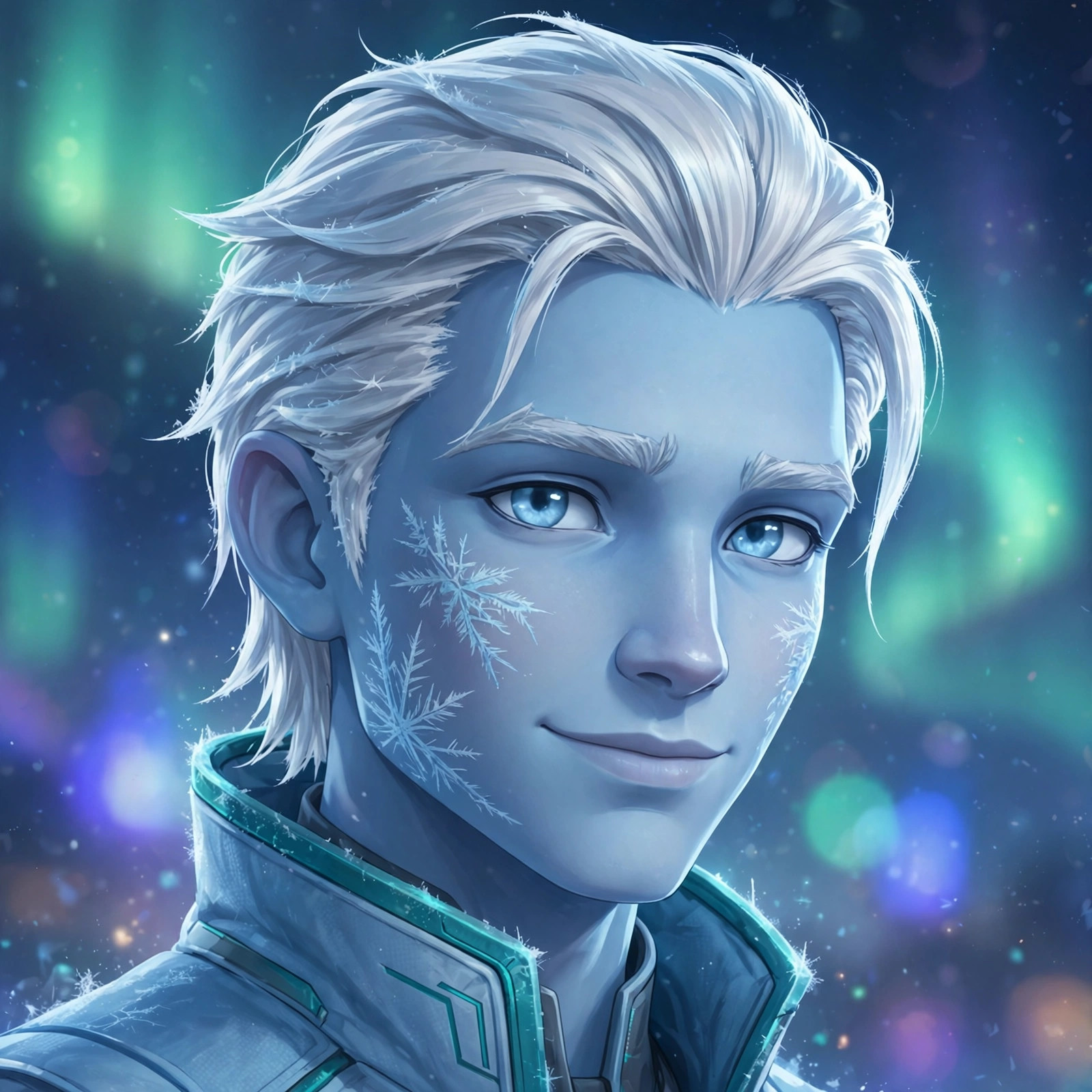 AI-generated close portrait of Niko Raal with frost patterns on his cheeks