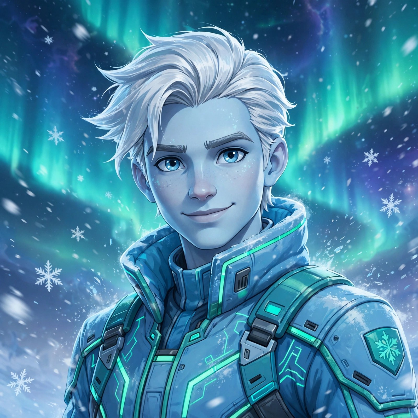 AI-generated square portrait of Niko Raal smiling, snowflakes drifting