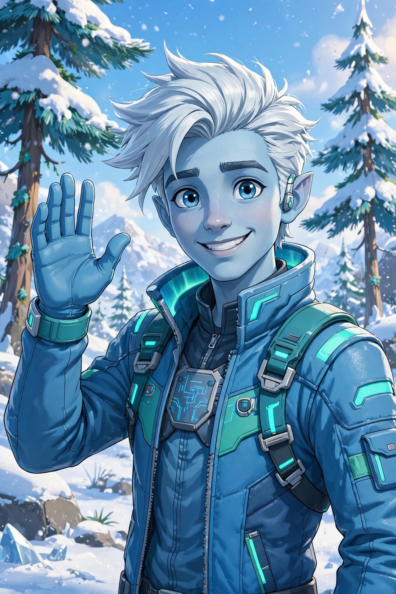 AI-generated art of Niko Raal waving hello with a warm grin in falling snow