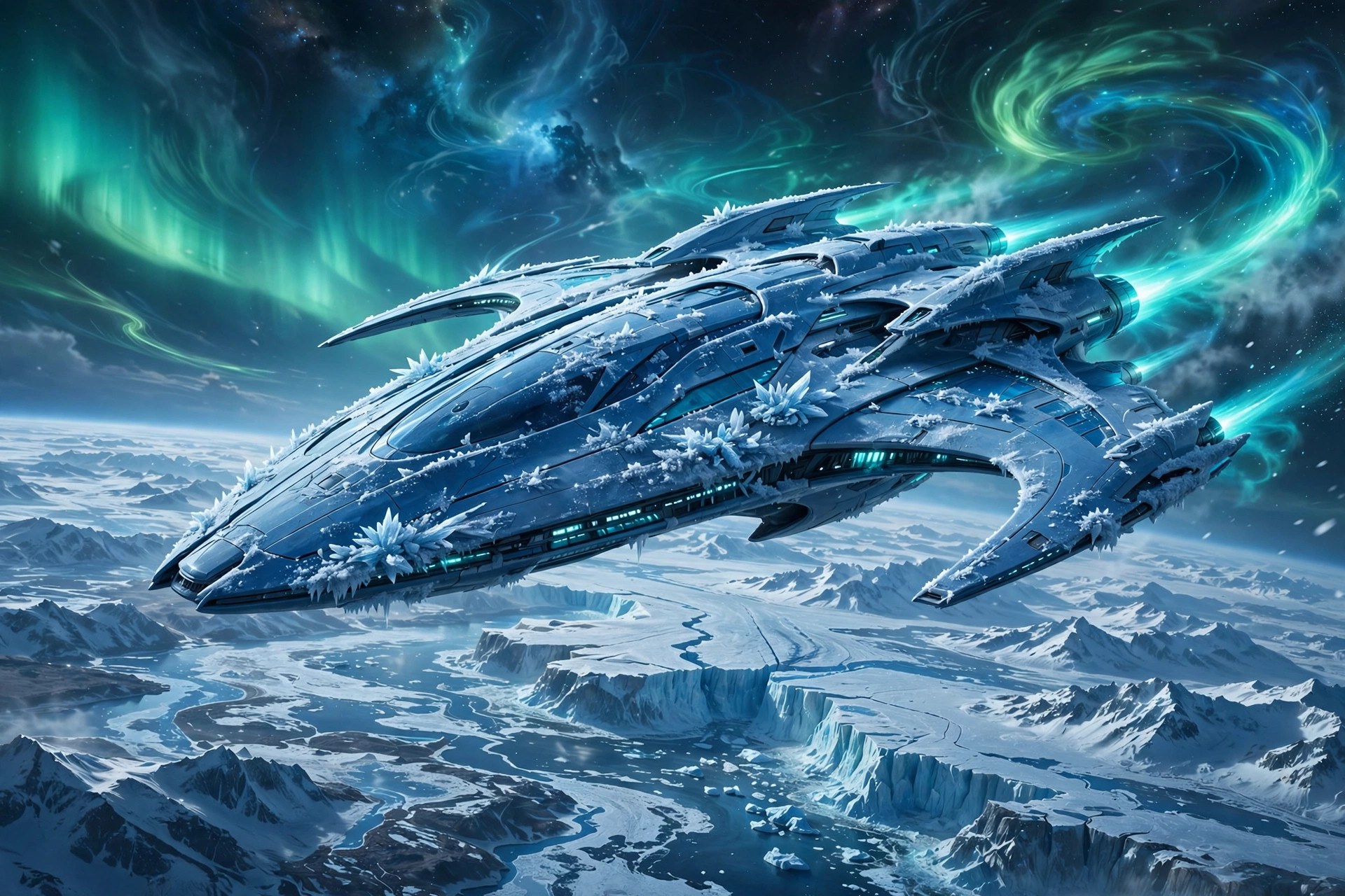 AI-generated art of the ice-blue starship Aurora Vigil over a frozen planet