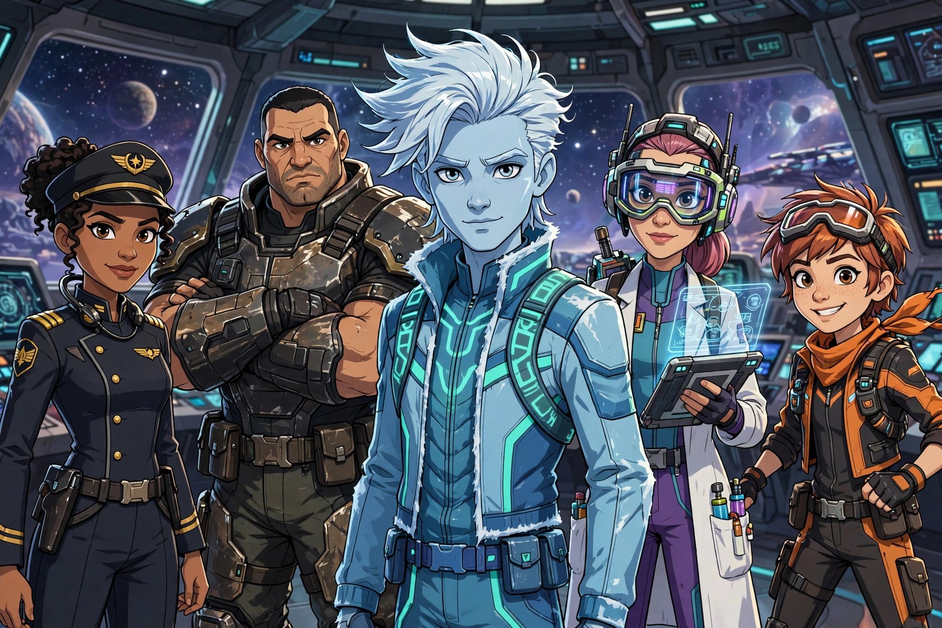 AI-generated group art of the five-member StarTeam crew on a starship bridge