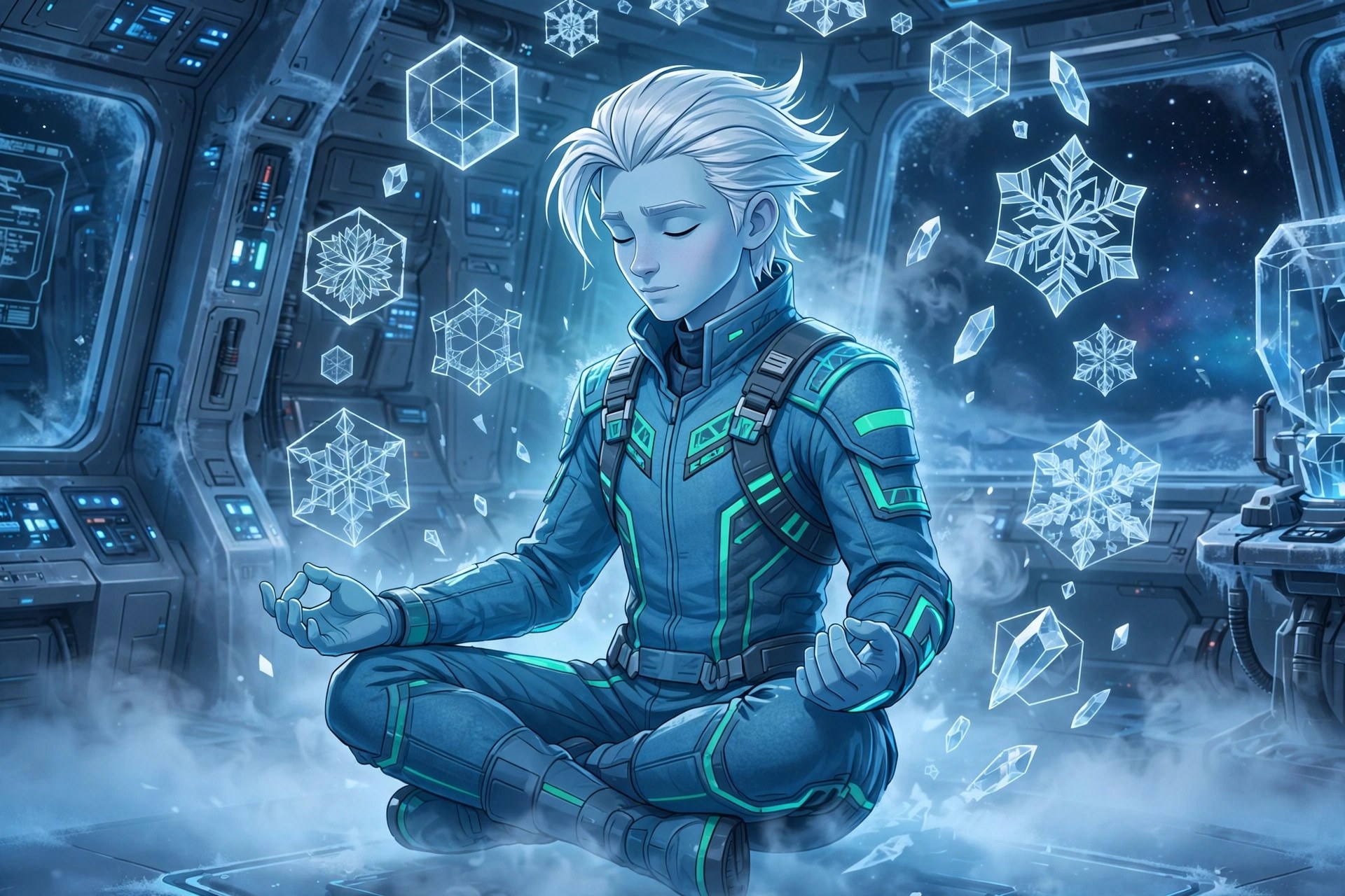 AI-generated art of Niko Raal meditating in a cryo training chamber as ice crystals form around him