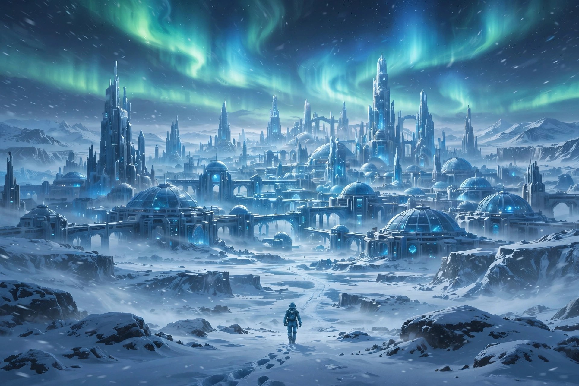 AI-generated art of the frozen crystal city of Keth Marrow on Glacies Prime under aurora skies
