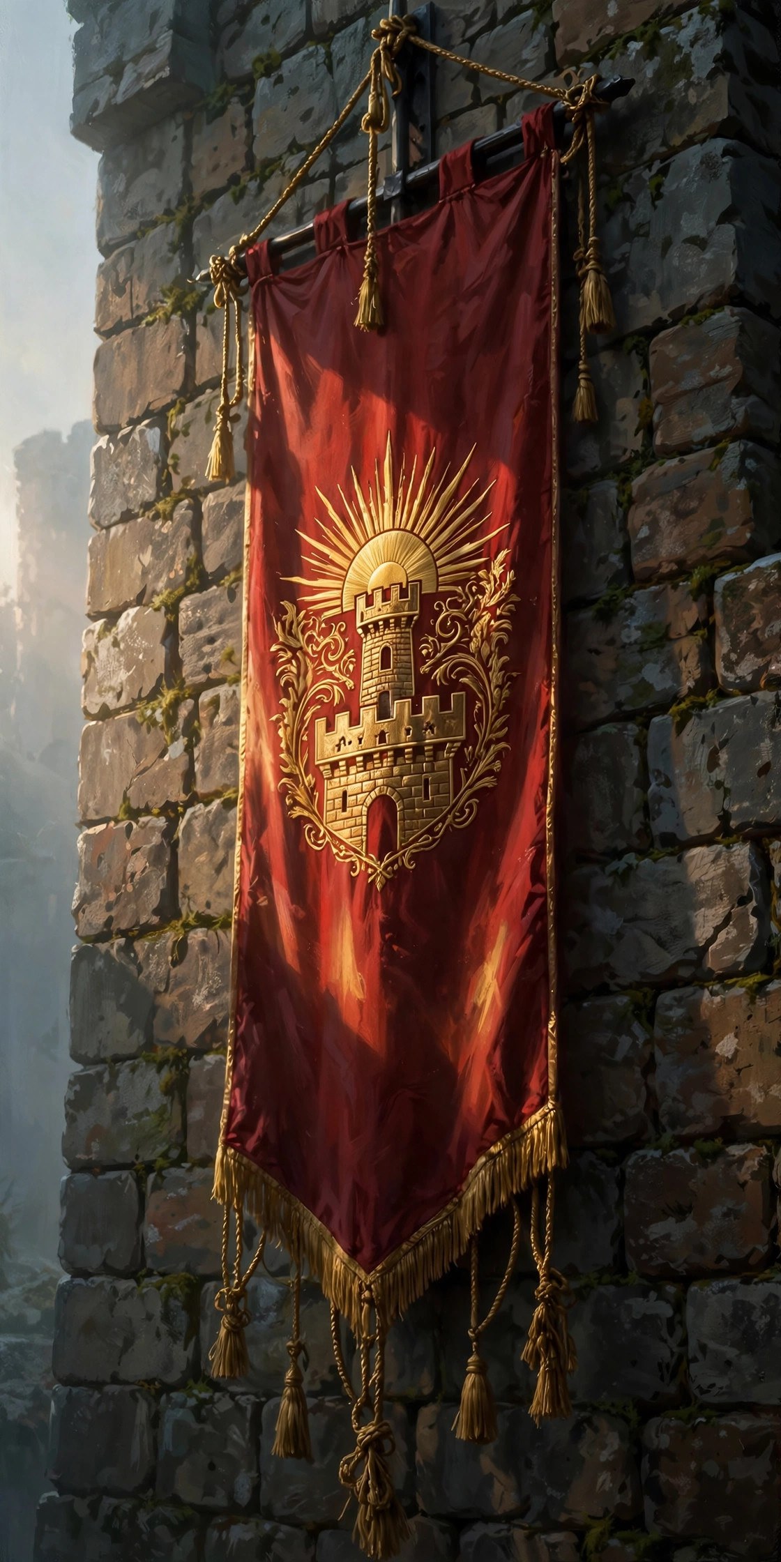 AI-generated dramatization: the crimson-and-gold heraldry of the Commander's household