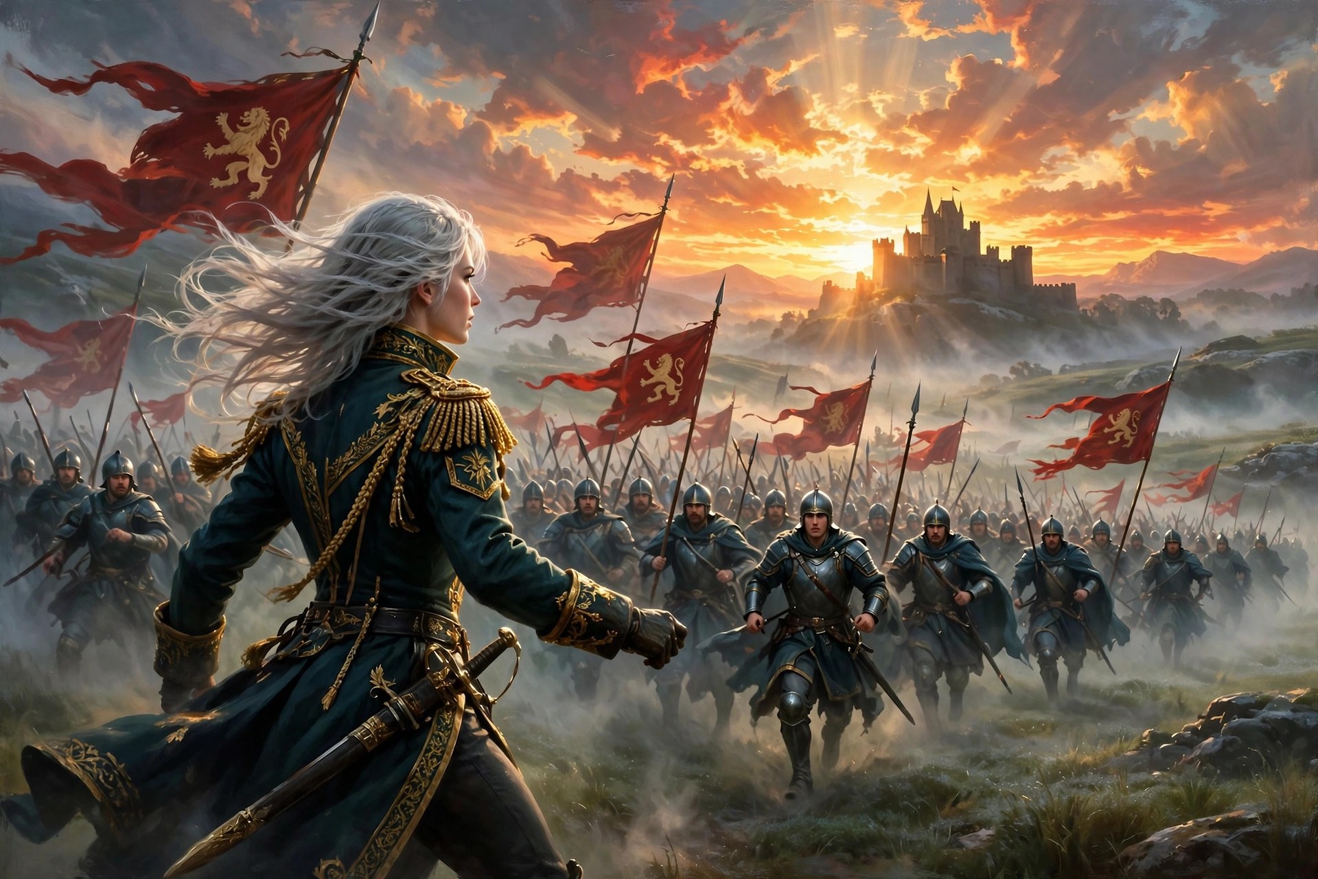 AI-generated dramatization: the Commander's army advancing at dawn beneath crimson banners