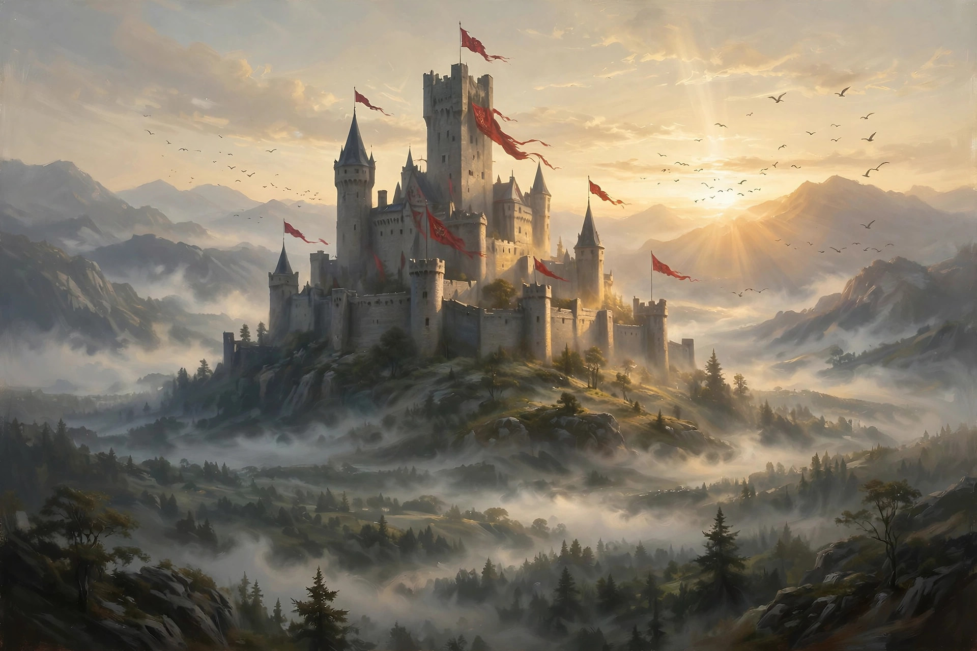 AI-generated dramatization: the castles and spires of Valdris at dawn