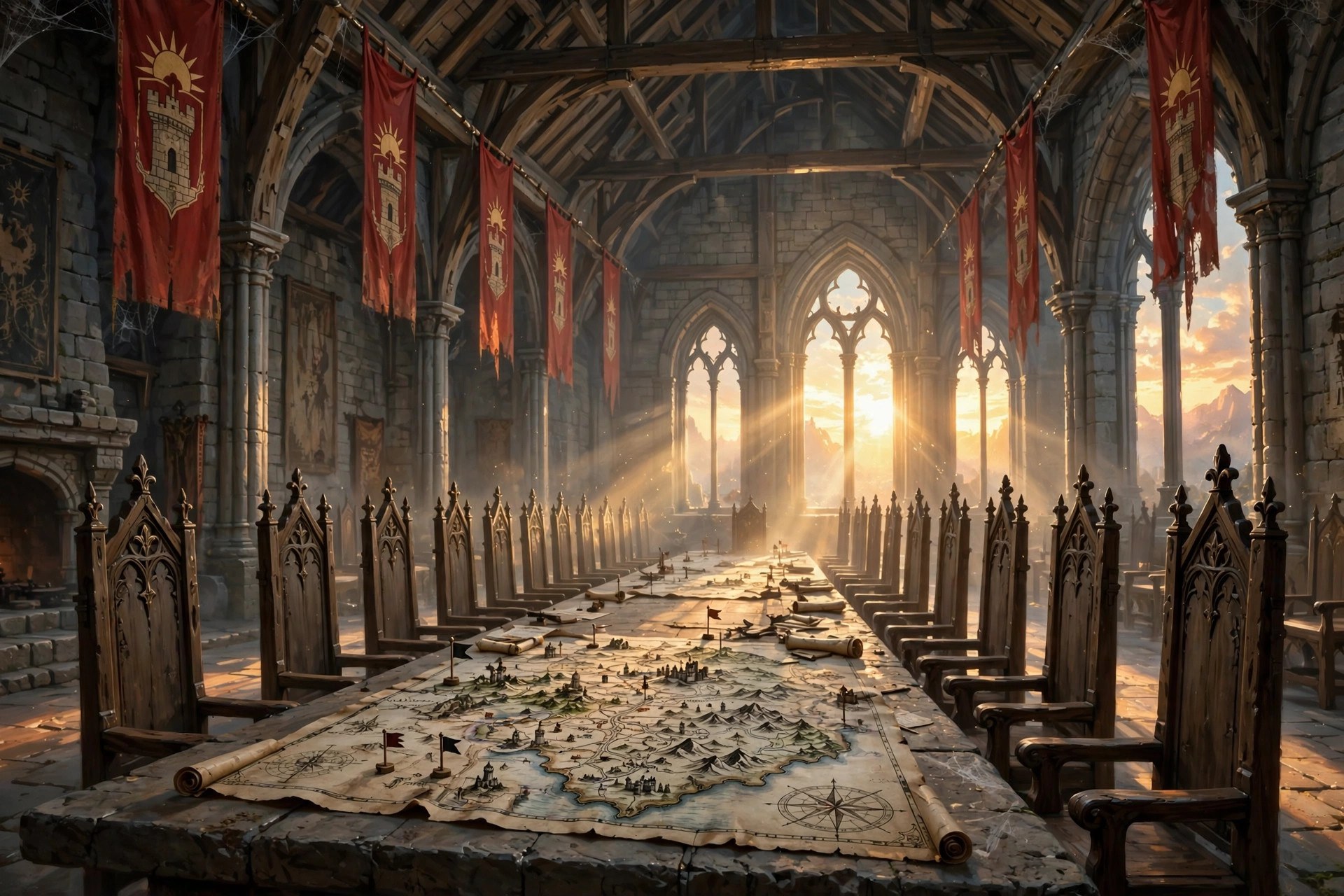 AI-generated dramatization: the torch-lit council hall of Dawnspire