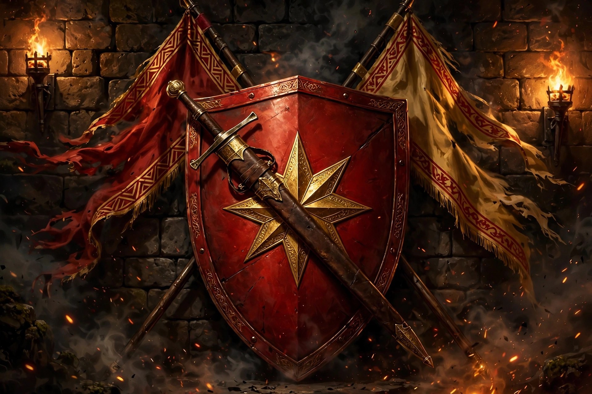 AI-generated dramatization: a crimson shield with a gold star, crossed banners behind