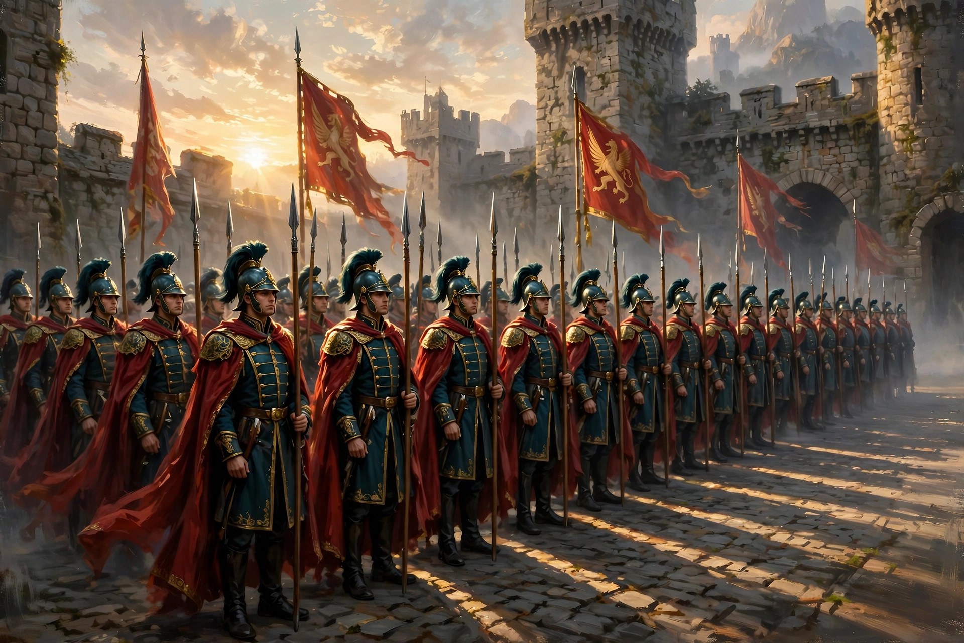 AI-generated dramatization: the Commander's guard in formation before the war tent