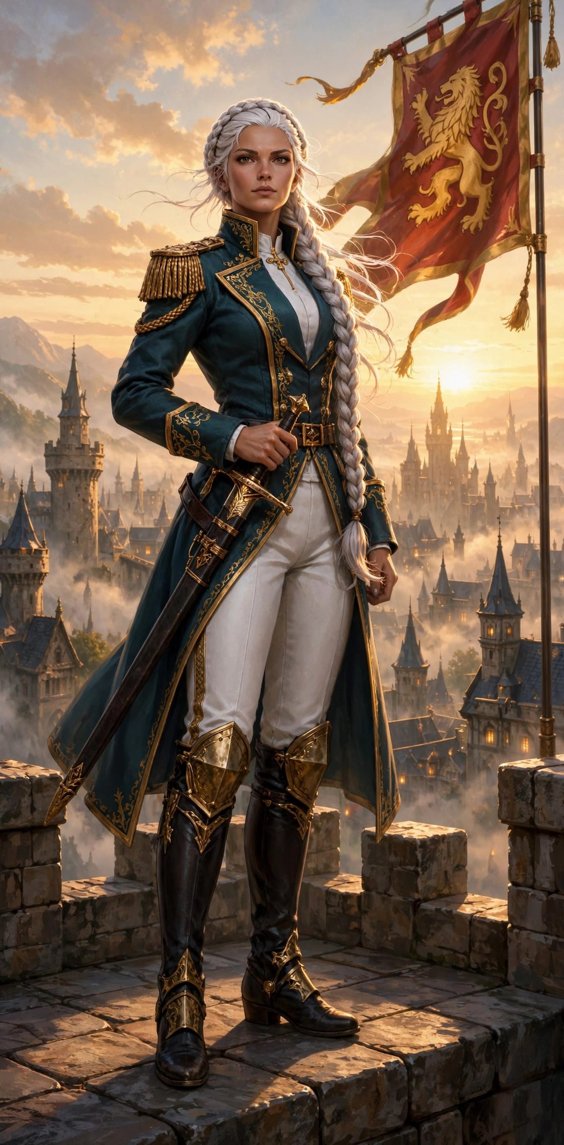 AI-generated dramatization: the Noble Commander on a castle battlement at dawn, the lion banner of Valdris flying