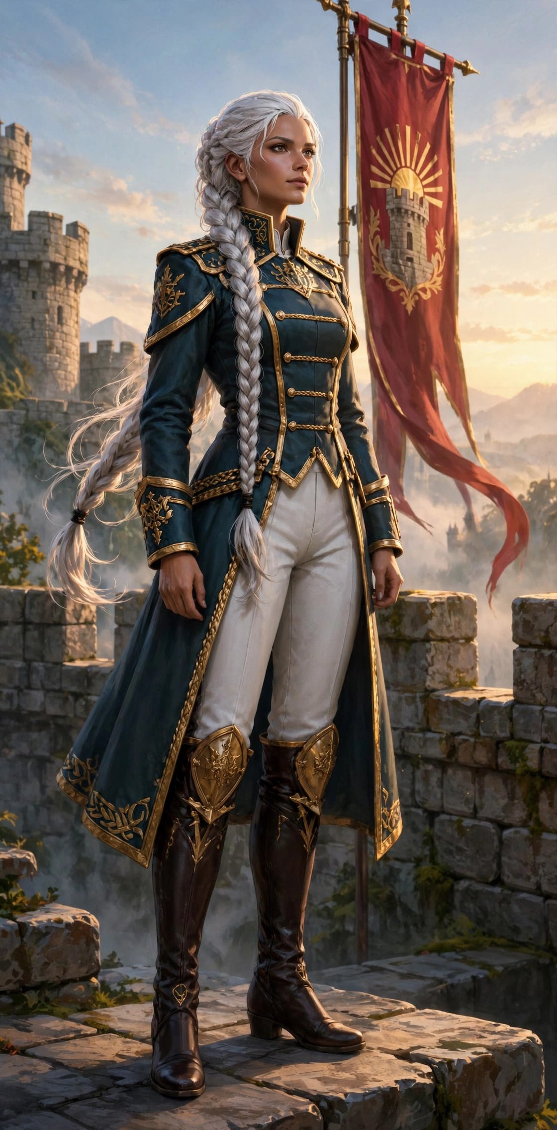 AI-generated dramatization: full-length view of the Noble Commander in her green-and-gold uniform