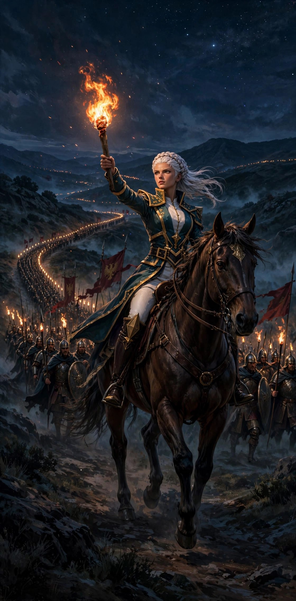 AI-generated dramatization: a torch-lit night march winding through dark hills