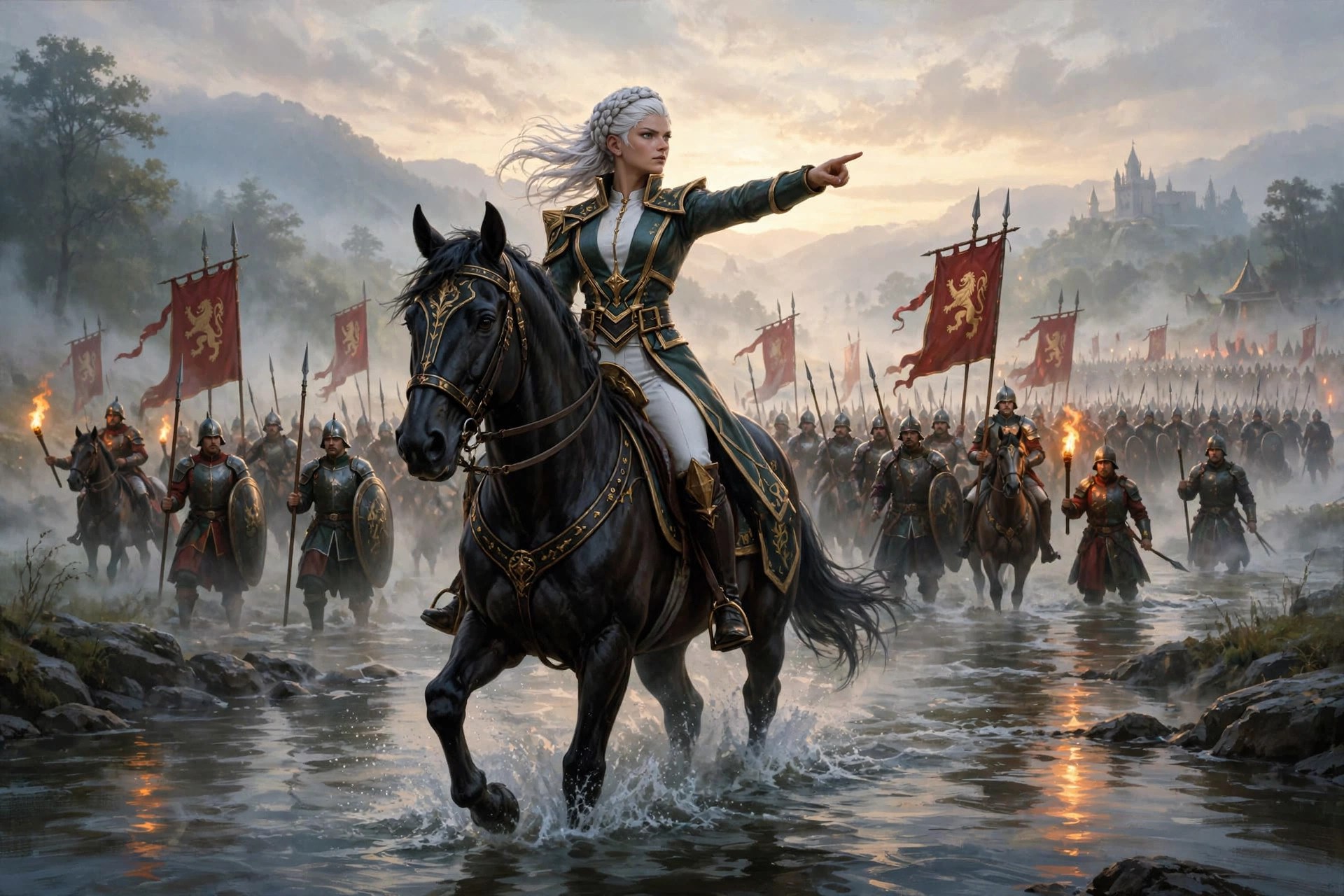 AI-generated dramatization: the Commander leading troops across the misty Aldermere at first light