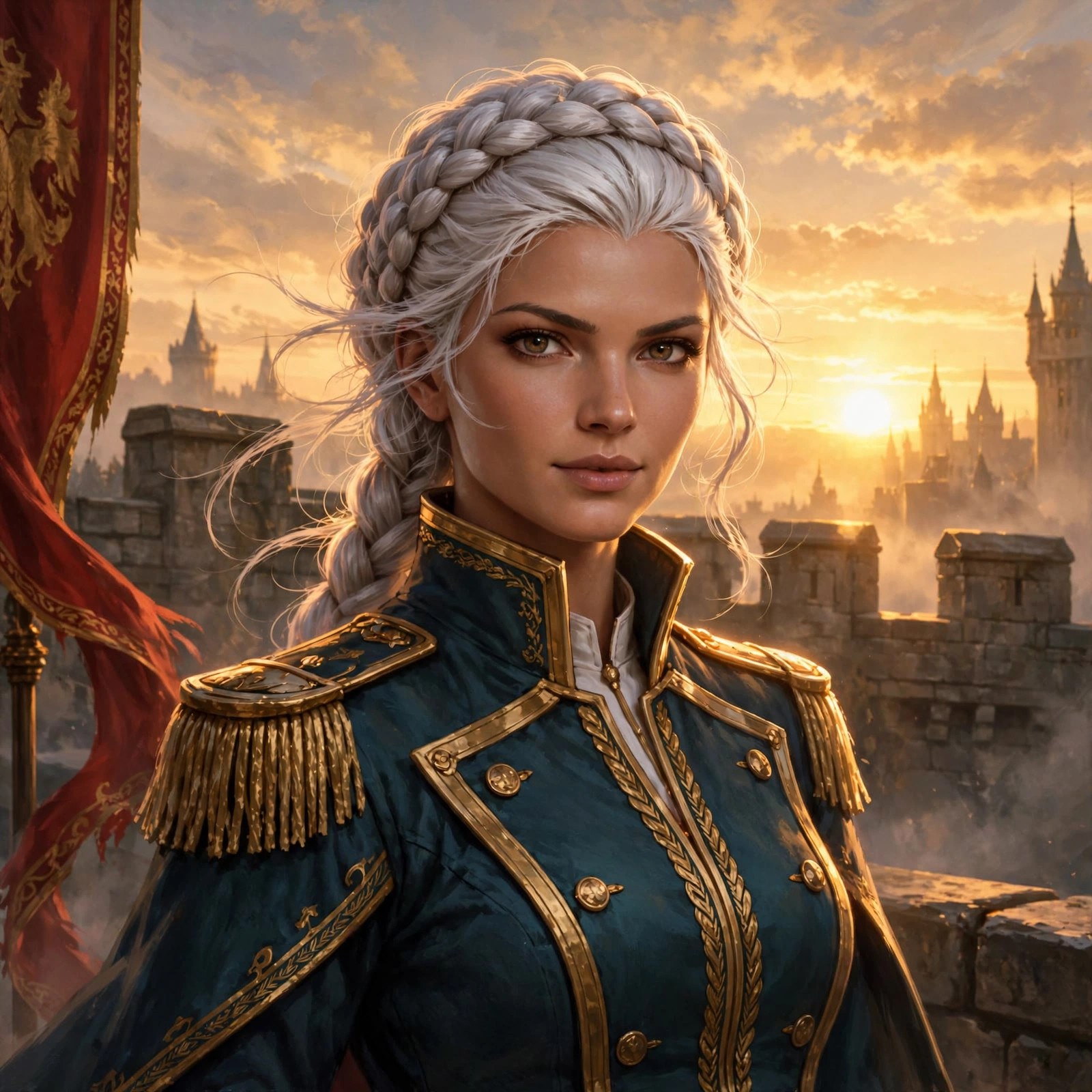 AI-generated dramatization: social-pack portrait of the Noble Commander at dawn