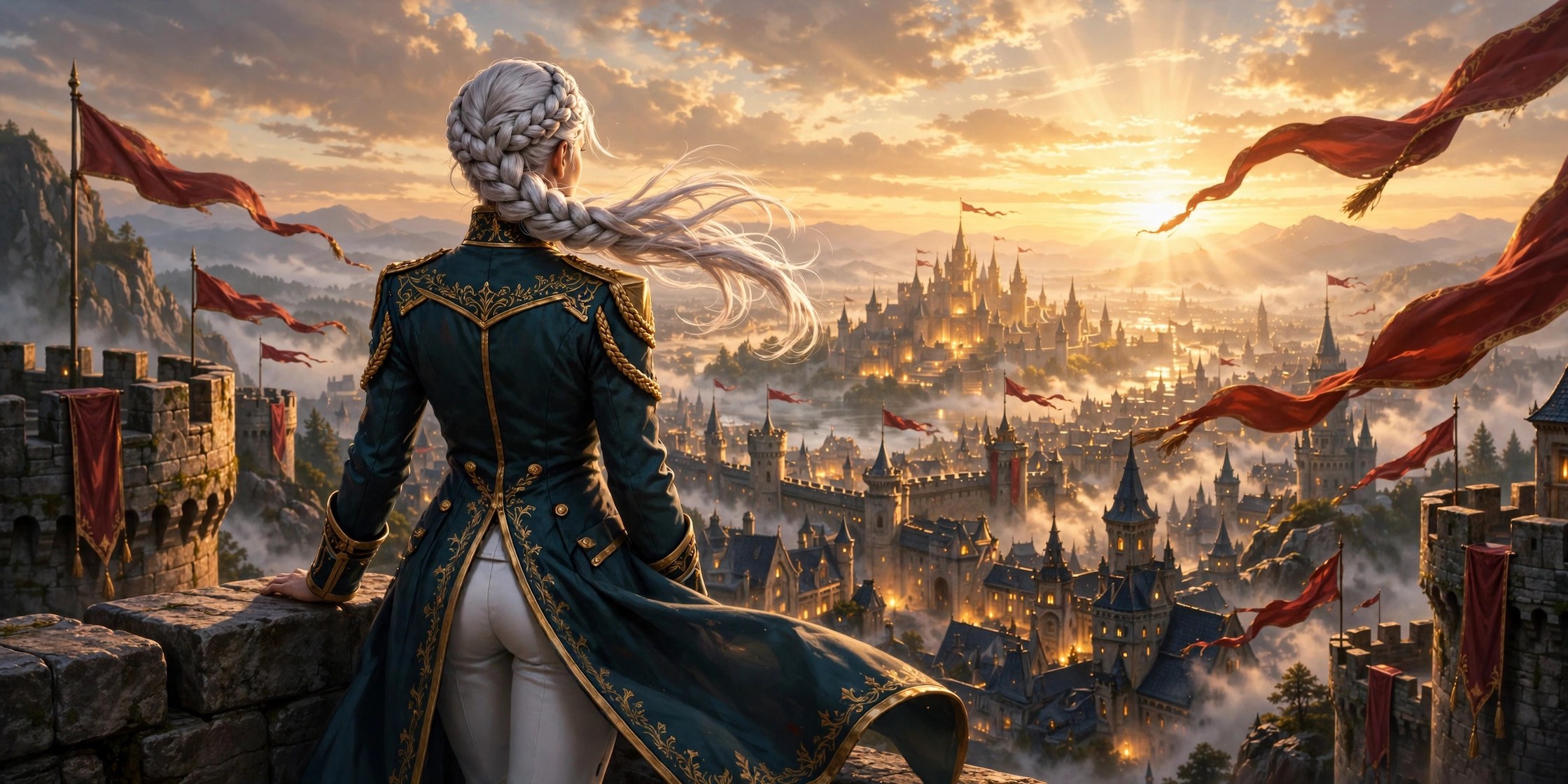 AI-generated dramatization: the Noble Commander beneath her streaming banner
