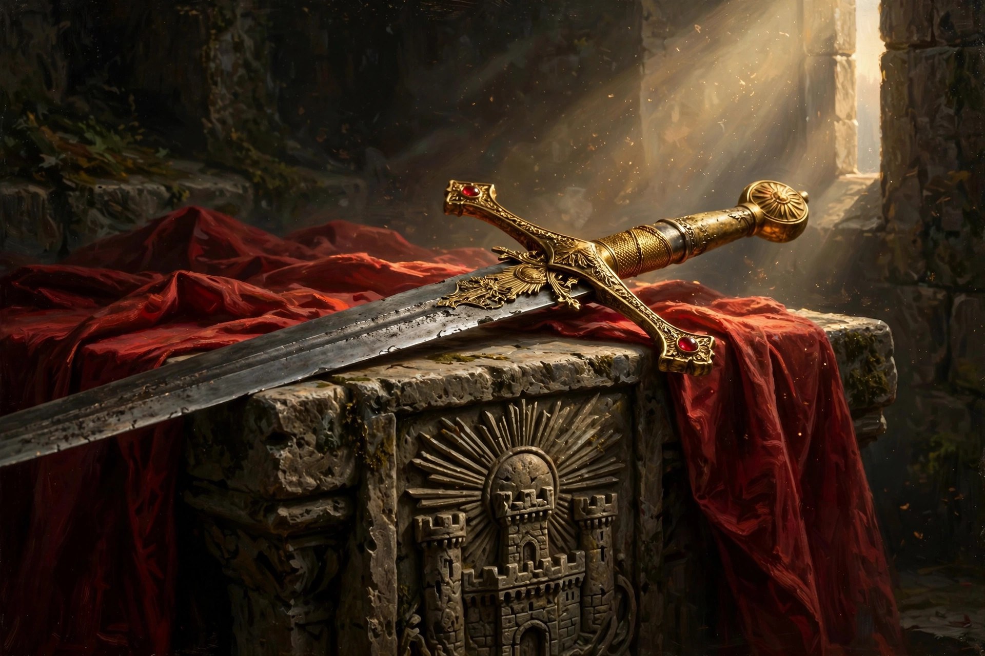 AI-generated dramatization: a gold-hilted sword laid on crimson cloth before a carved castle crest