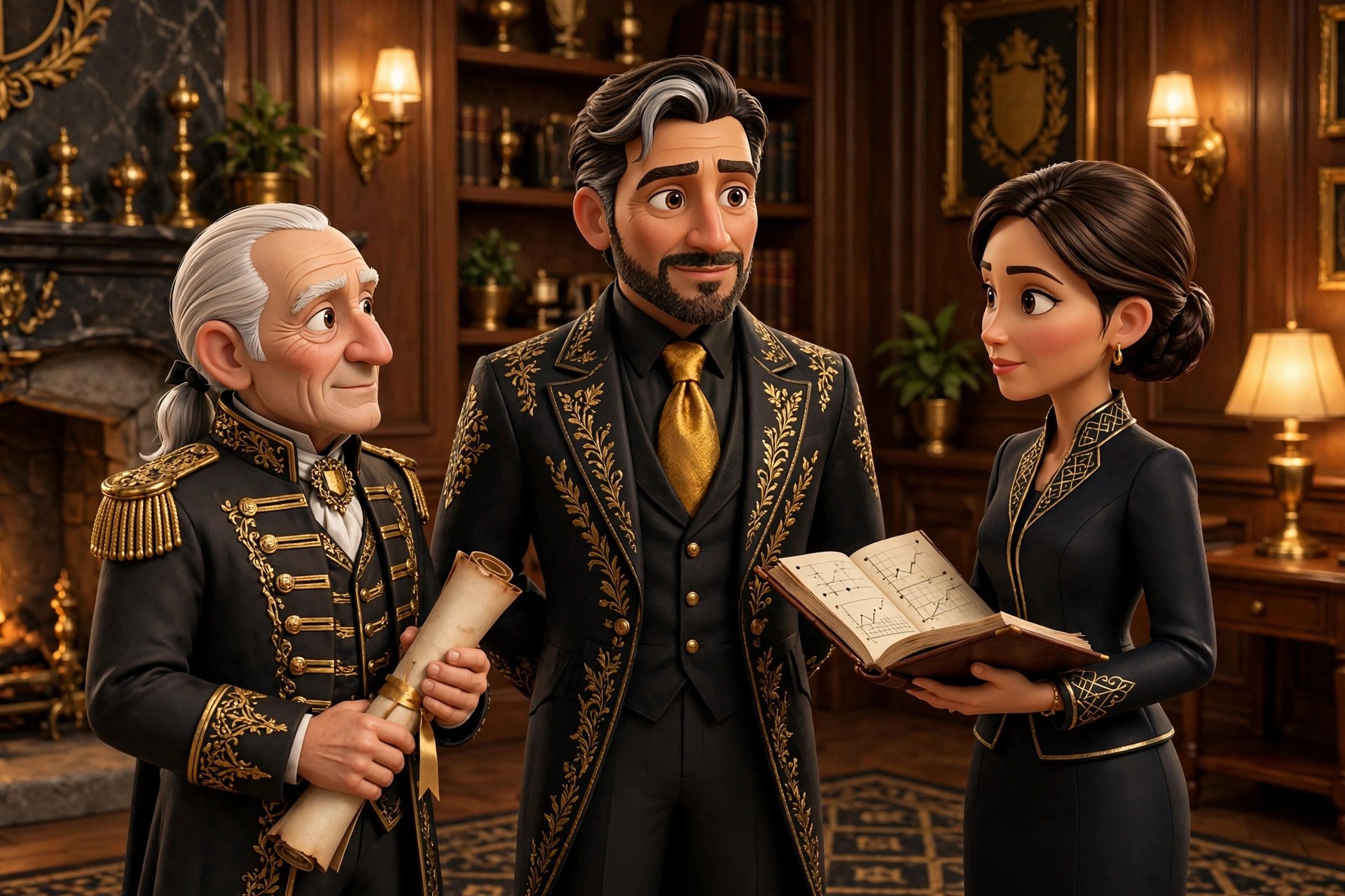 AI-generated dramatization of nobleman Ceo with his two fictional advisors in the manor office
