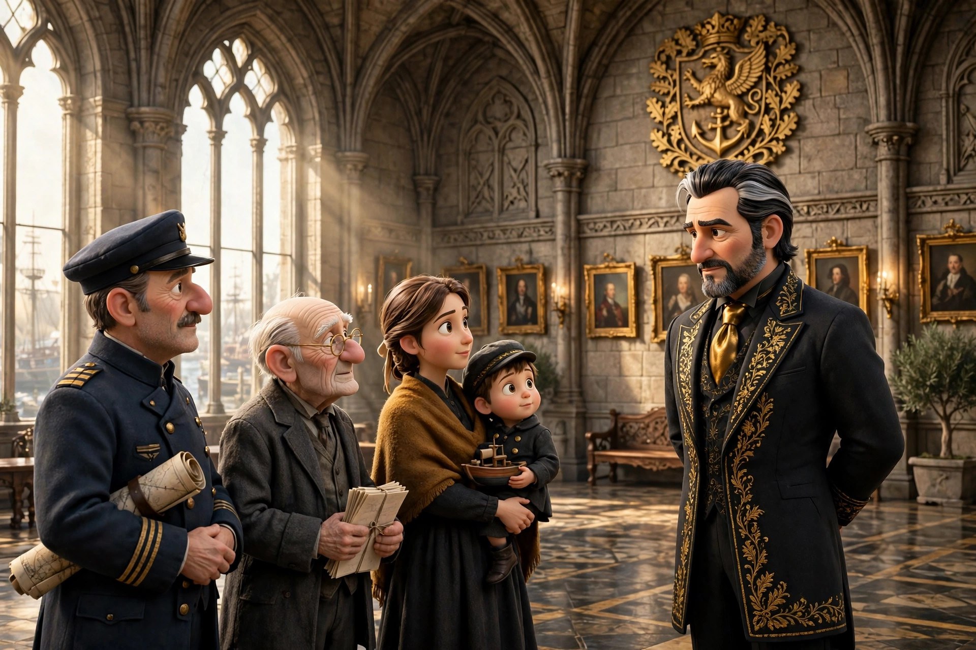 AI-generated dramatization of morning court: nobleman Ceo receiving petitioners in the manor hall