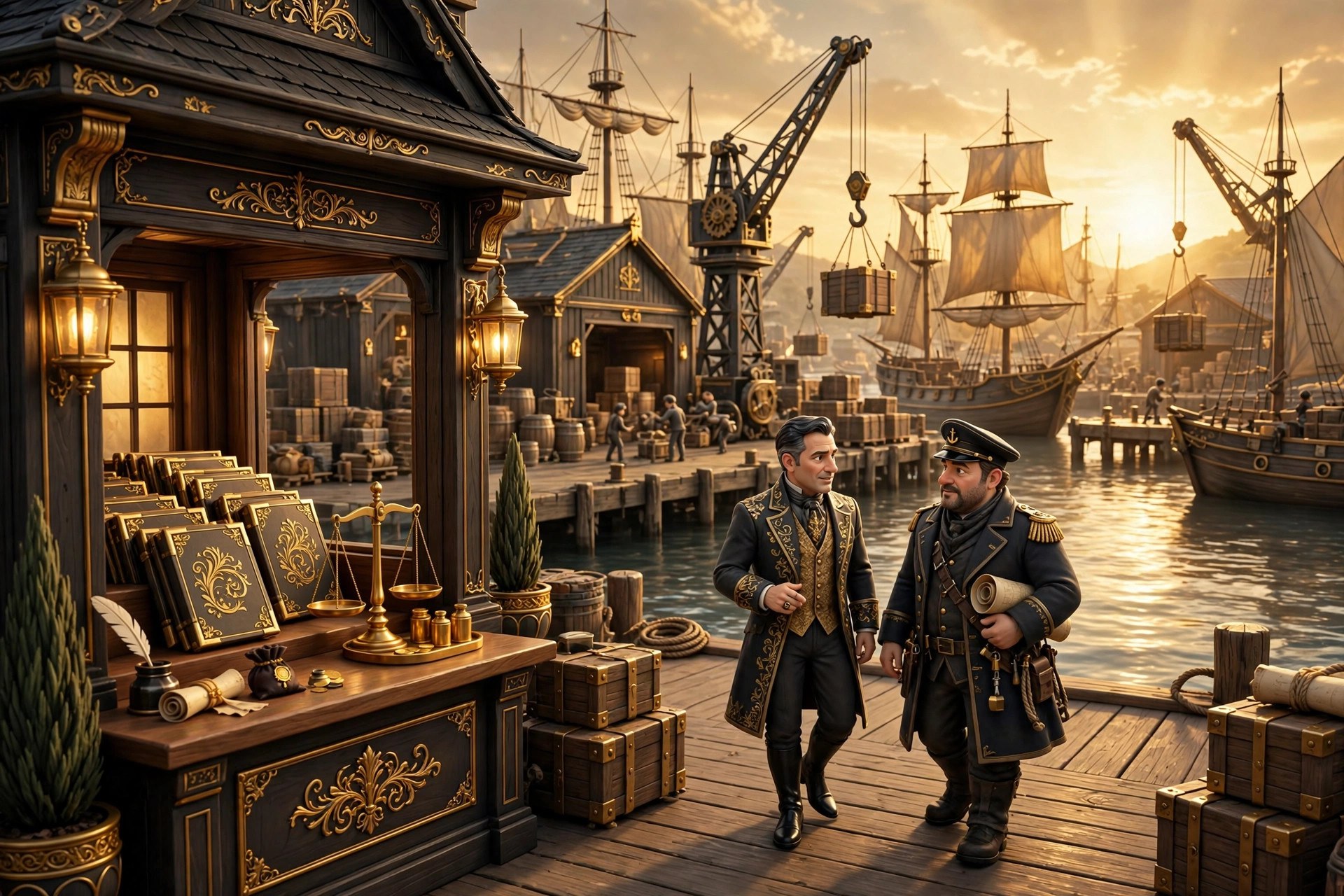 AI-generated dramatization of the family business empire: docks, ledgers, and gold-trimmed ledgers of trade