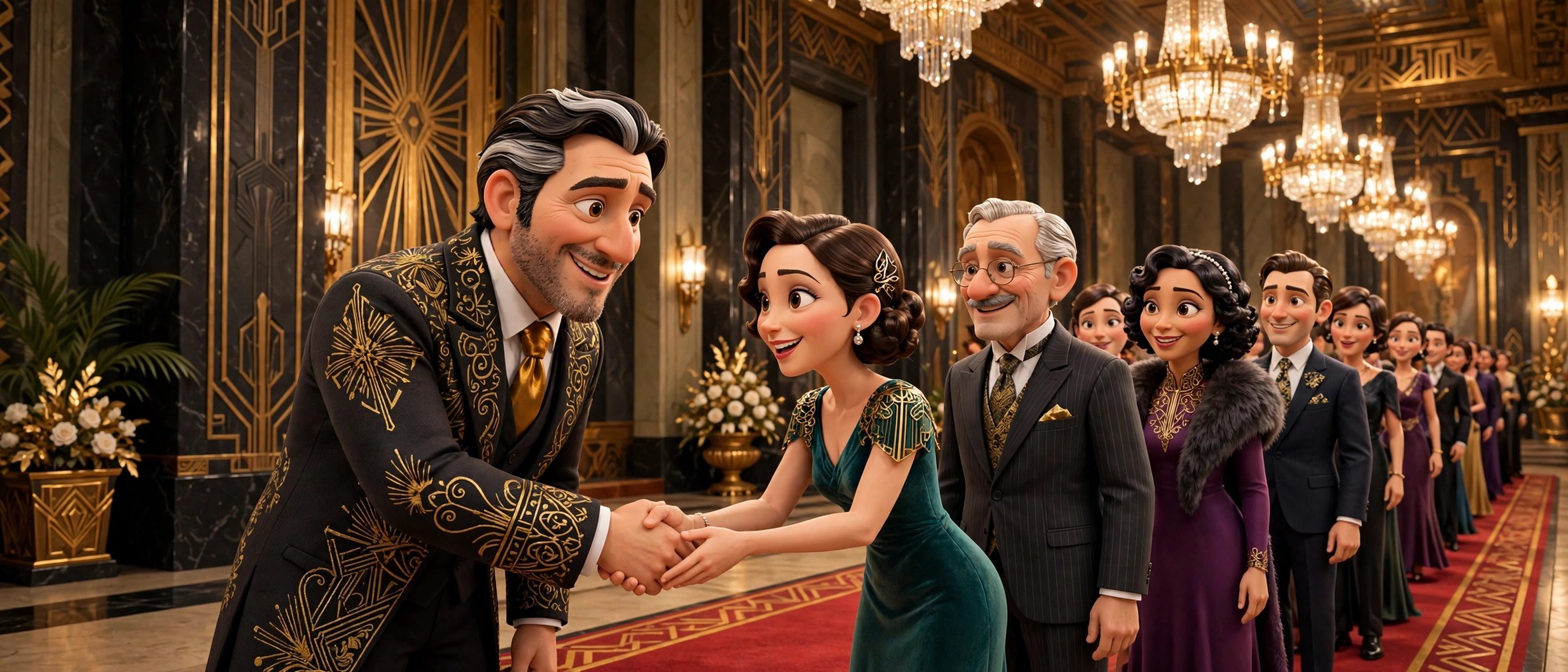 AI-generated dramatization of a formal receiving line in the manor hall, gold and charcoal