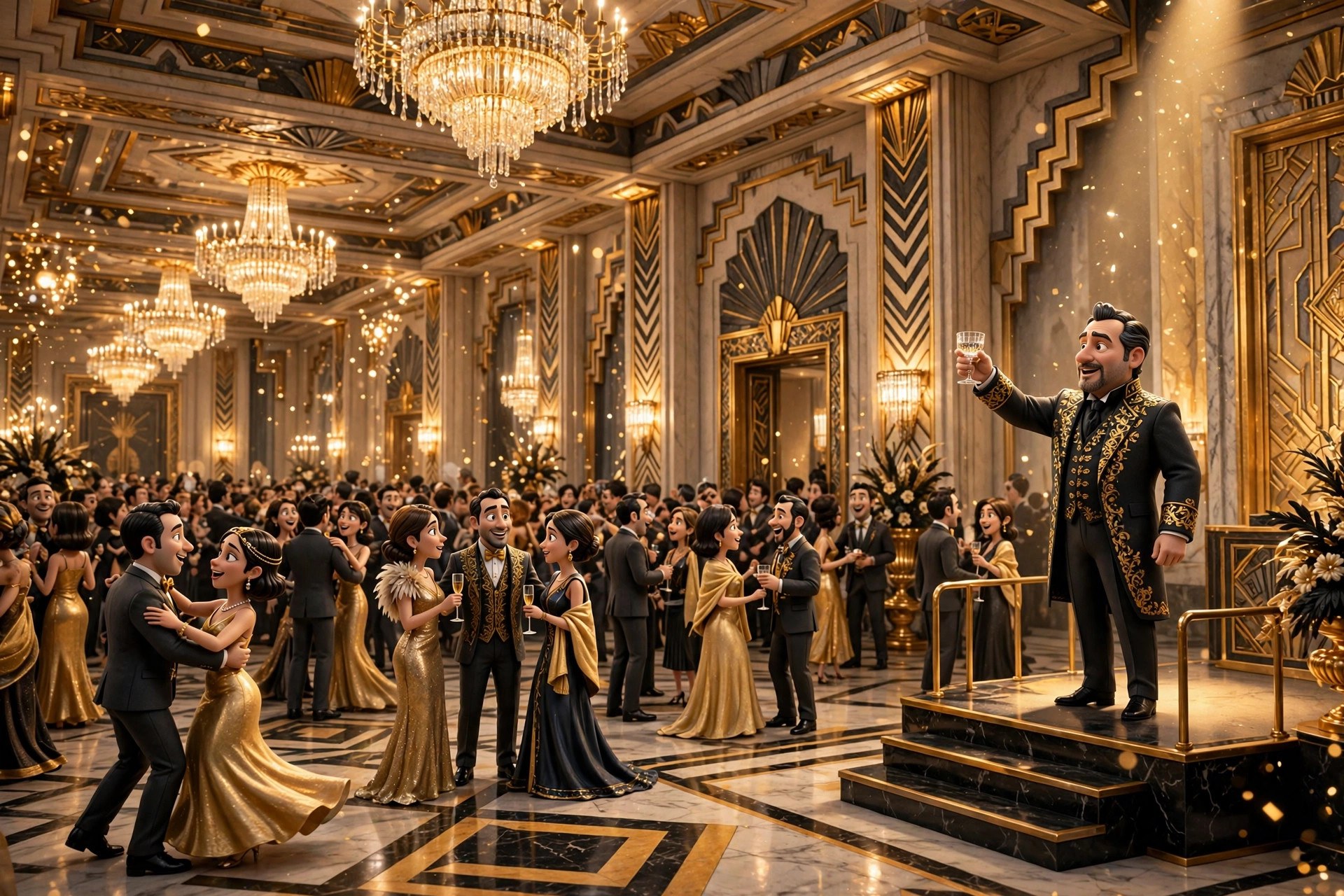 AI-generated dramatization of a shareholder ball: a grand hall, gold light, and the character on a dais