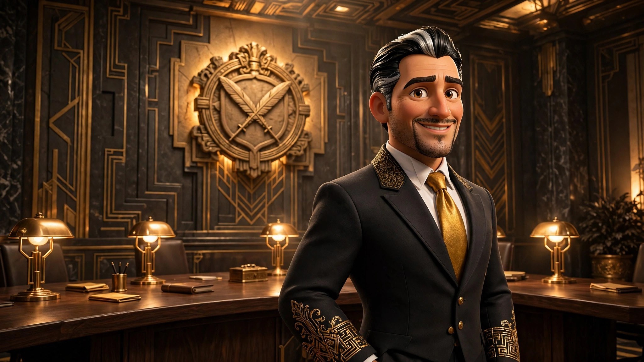AI-generated dramatization of nobleman Ceo, a nobleman CEO character, standing in an art-deco boardroom beneath a gold house crest