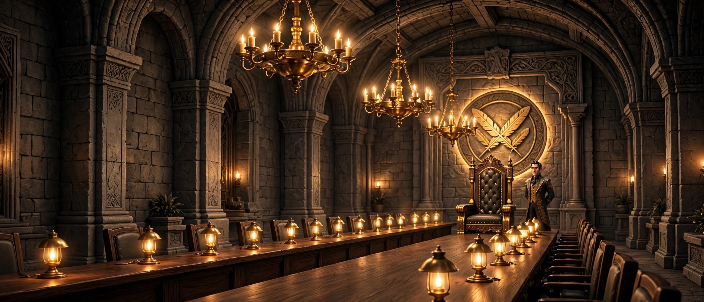 AI-generated wide dramatization of a throne-room boardroom: a long table under a gold crest, part court, part company