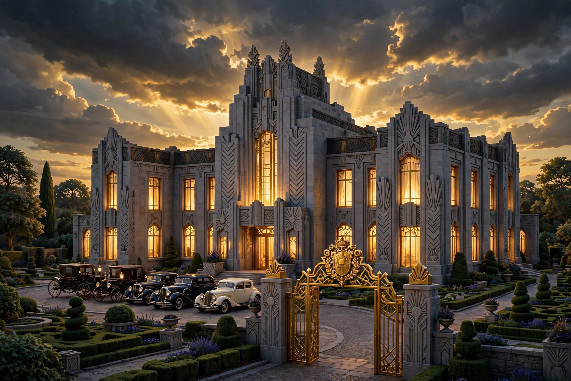 AI-generated dramatization of the manor of House Ceo at dusk: gilded windows, art-deco stonework, gold crest gates