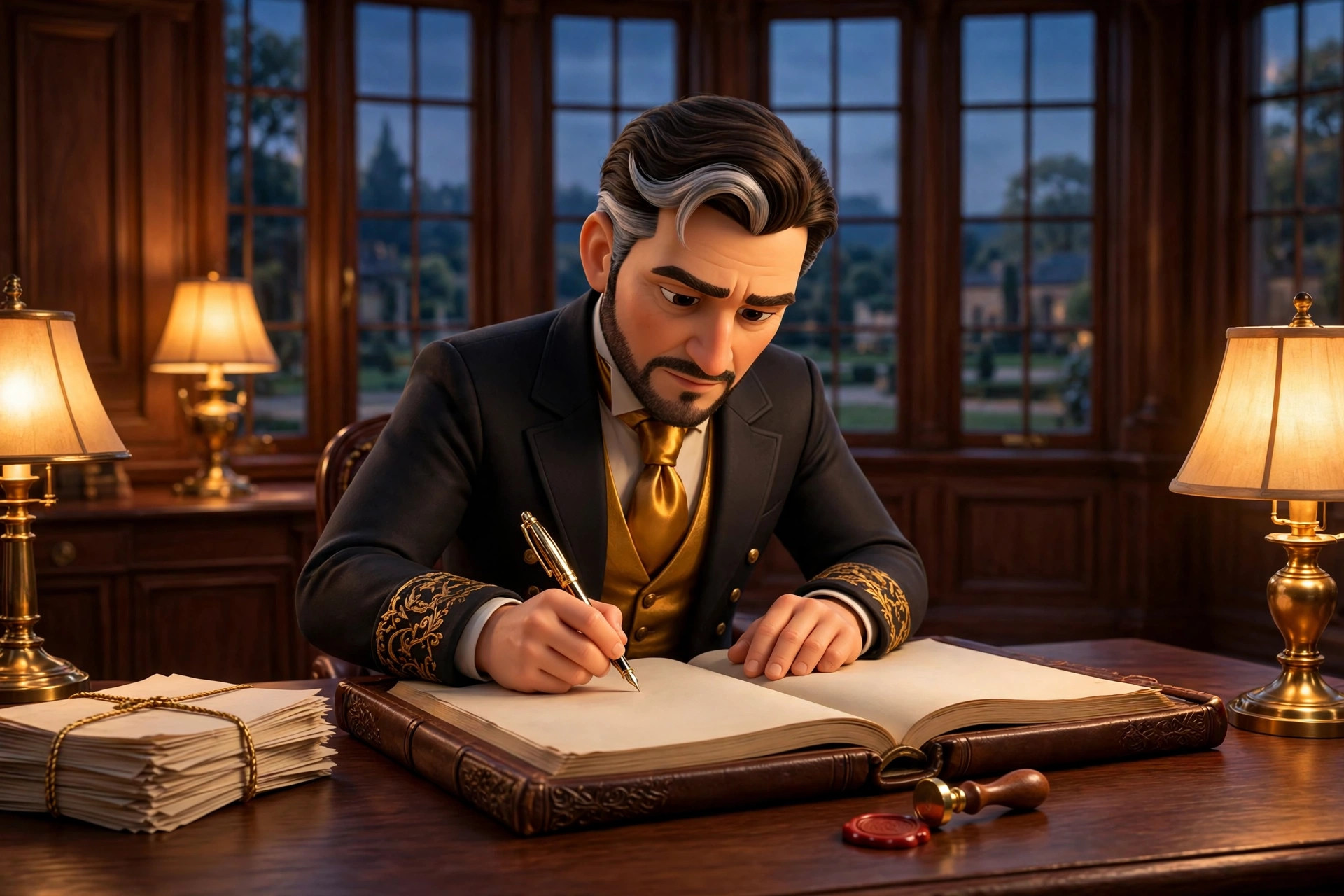 AI-generated dramatization of nobleman Ceo signing the great ledger of the house with a fountain pen