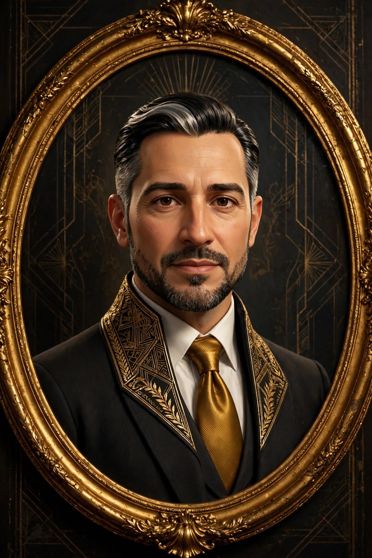 AI-generated bust portrait of the nobleman CEO character presented as a gilded framed portrait