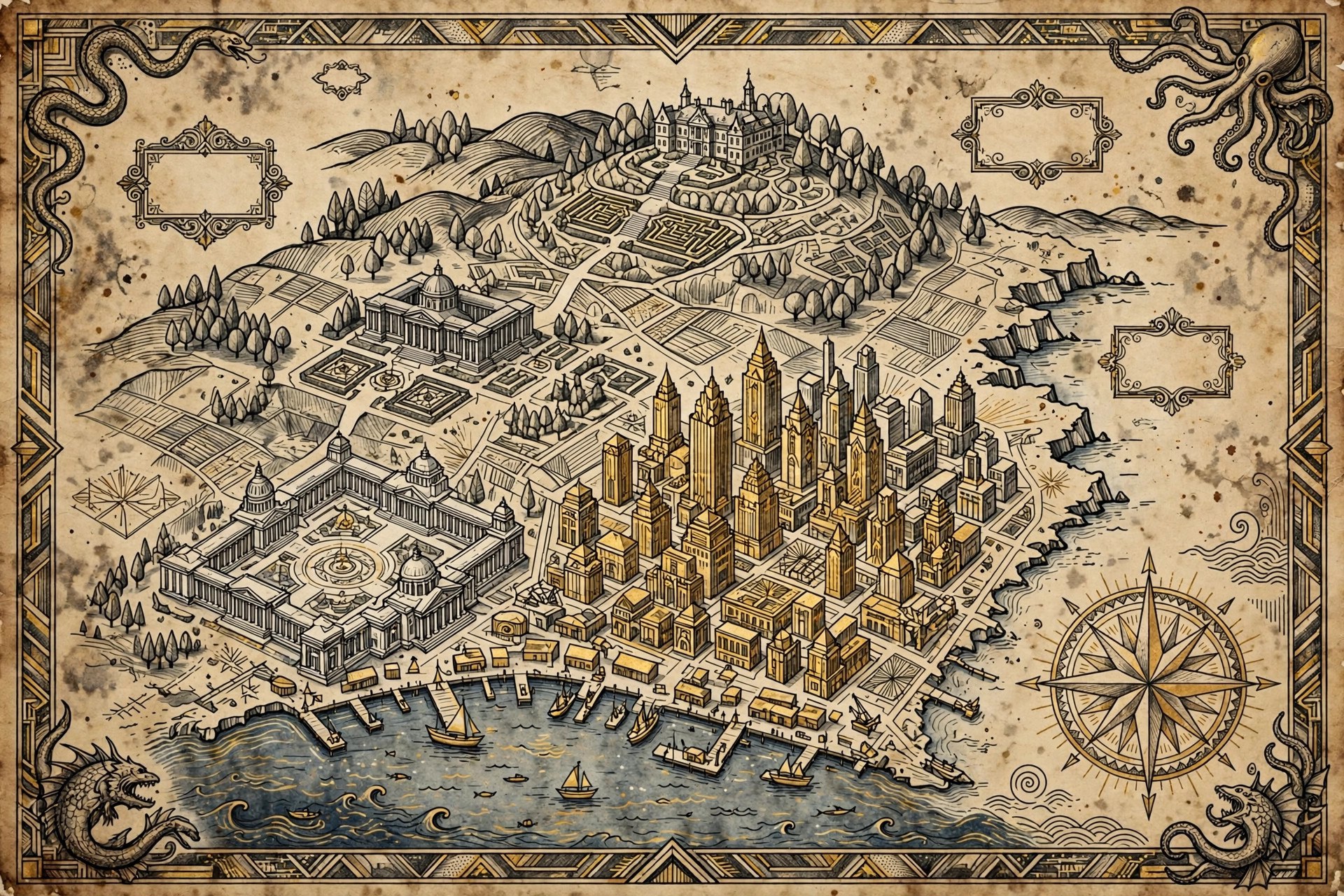 AI-generated stylized fictional map of the Royals world with gilded in-world place names