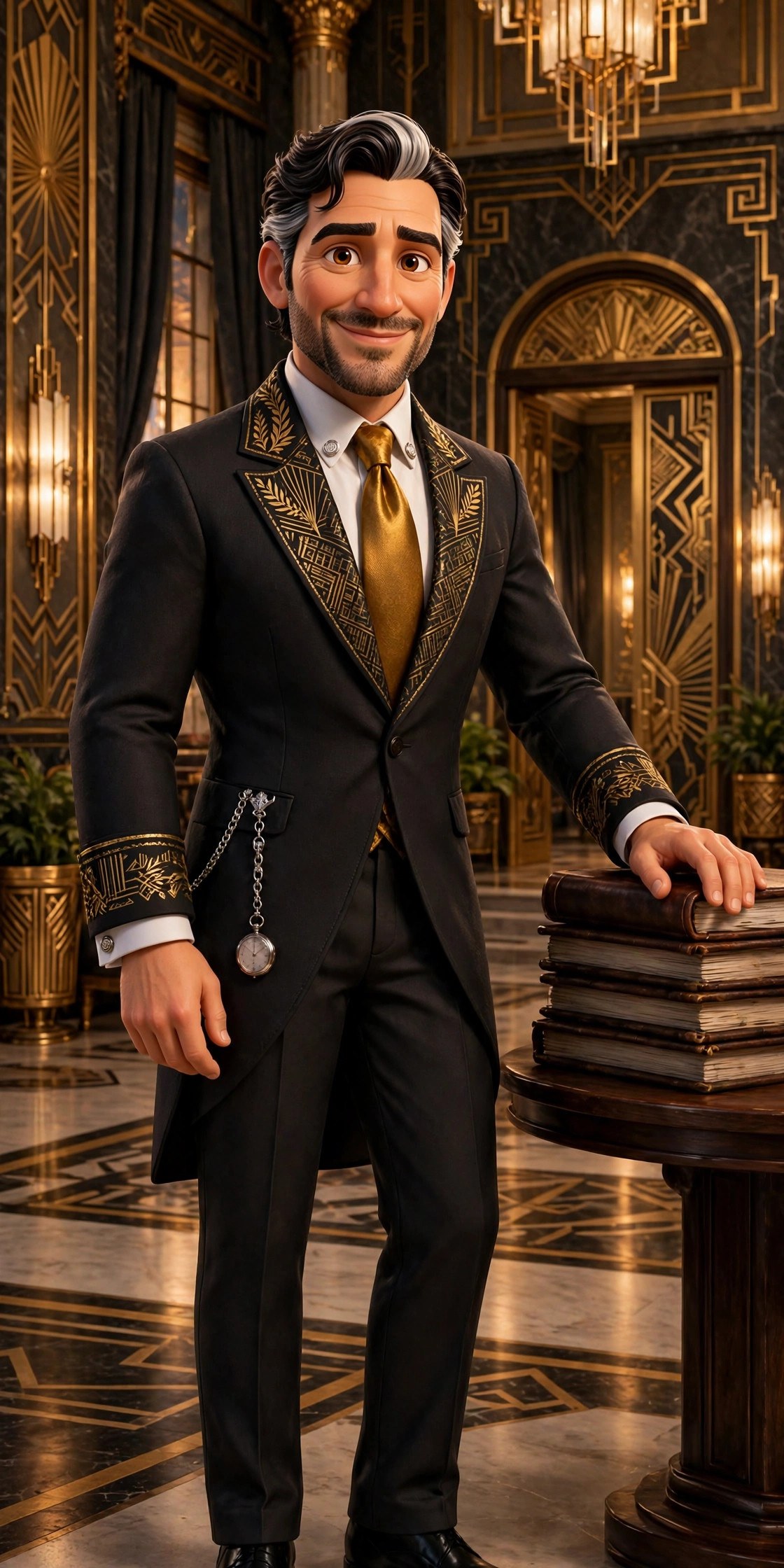 AI-generated full-body dramatization of the nobleman CEO character in a charcoal tailcoat with gold brocade and a gold tie