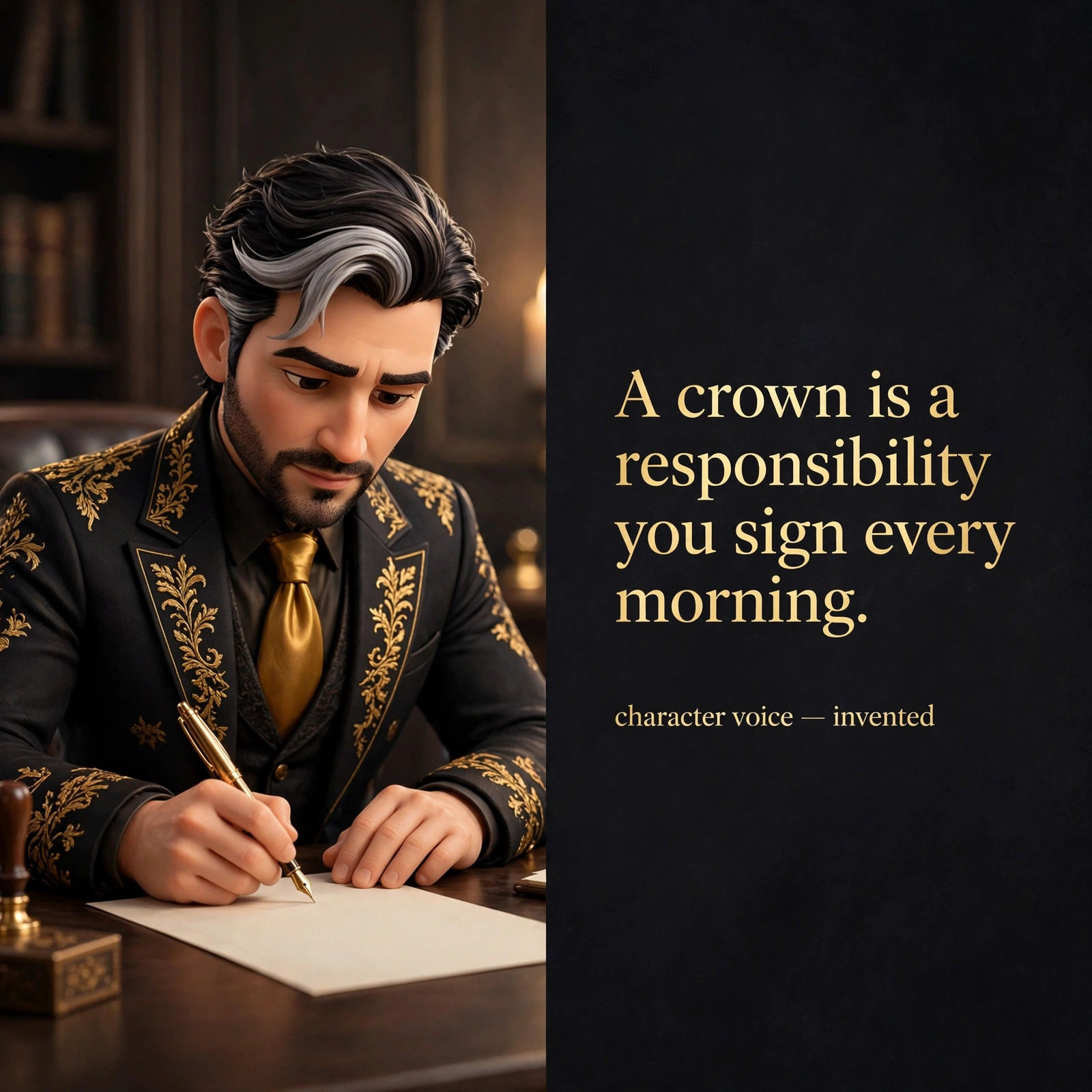 Shareable quote card: nobleman Ceo beside the in-character line about the crown being a responsibility signed every morning