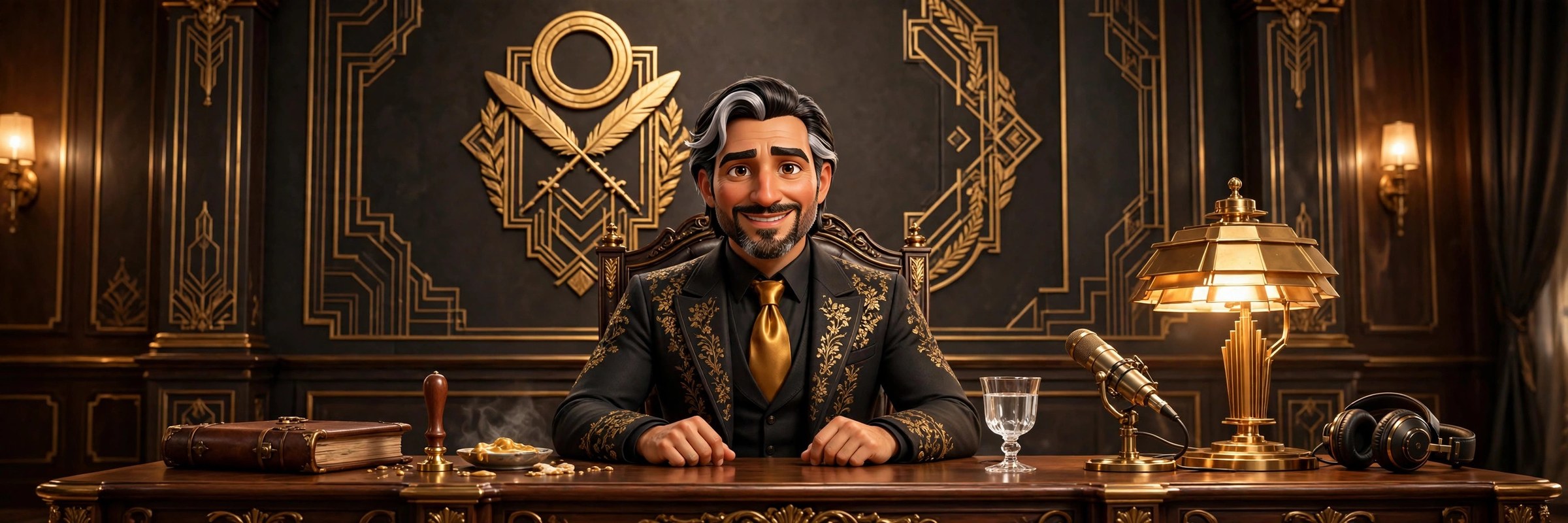 AI-generated illustration of the stream's animated nobleman CEO character at a streaming desk with crest and ledgers