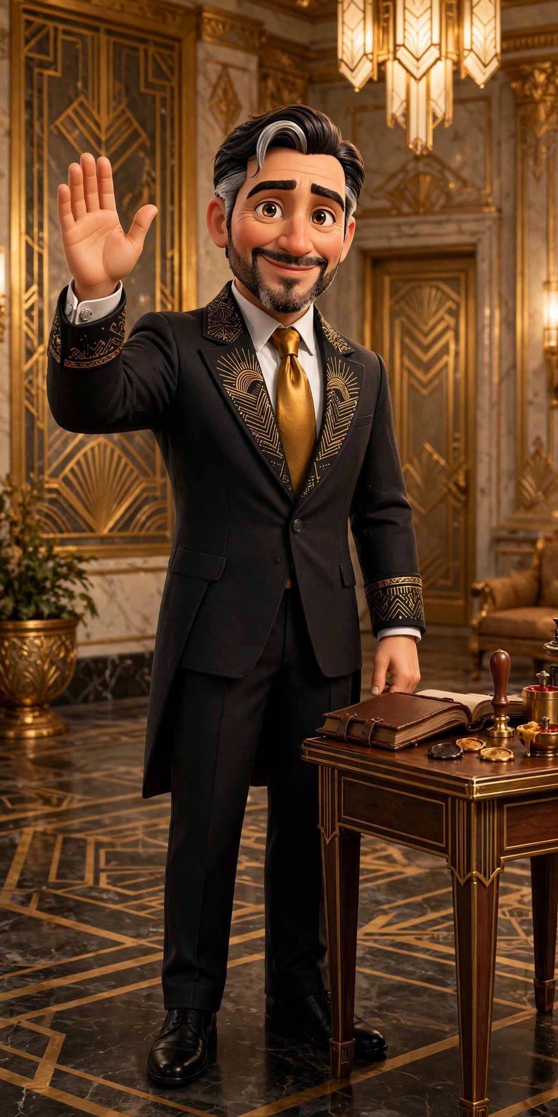 AI-generated full-body dramatization of the nobleman CEO character in a charcoal tailcoat with gold brocade, standing in the manor hall