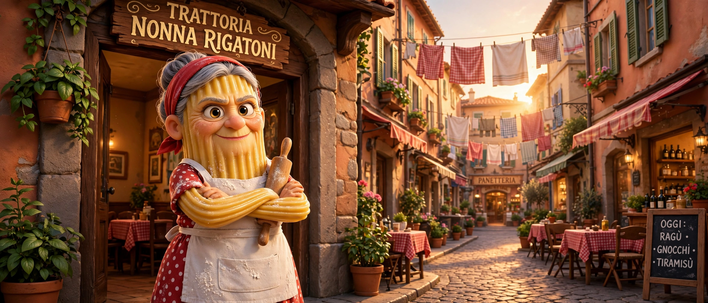 AI-generated dramatization: Nonna Rigatoni the cartoon rigatoni matriarch in the doorway of her Little Italy trattoria