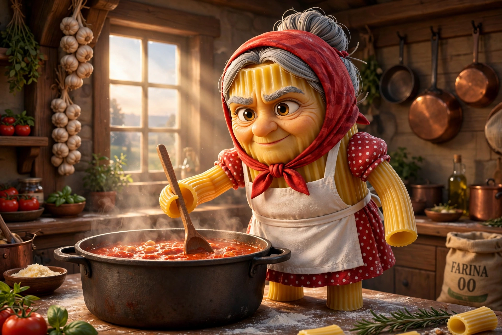 AI-generated dramatization: young Nonna at her first stove with a suitcase of recipes