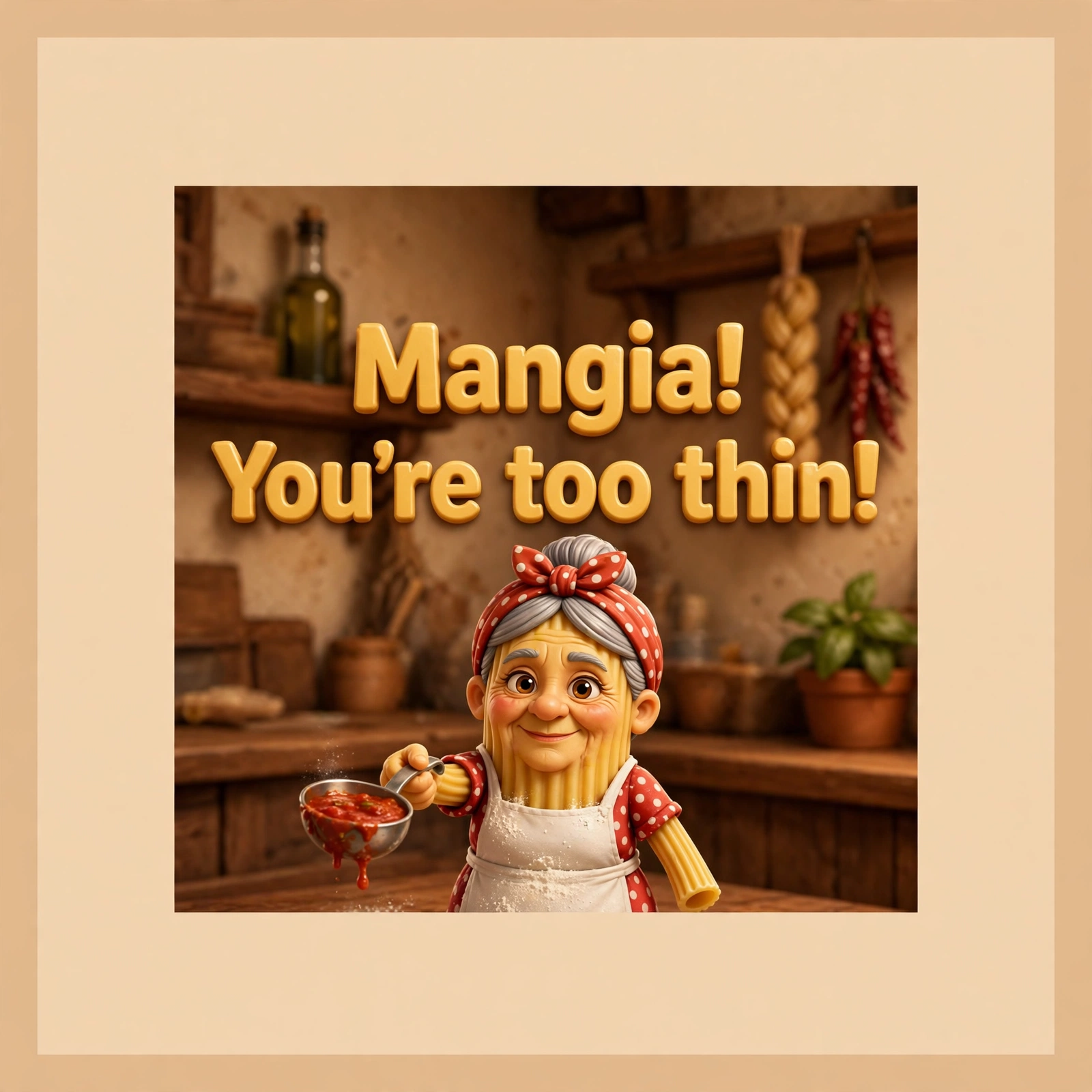 AI-generated dramatization: Nonna Rigatoni social card — 'Mangia! You're too thin!'