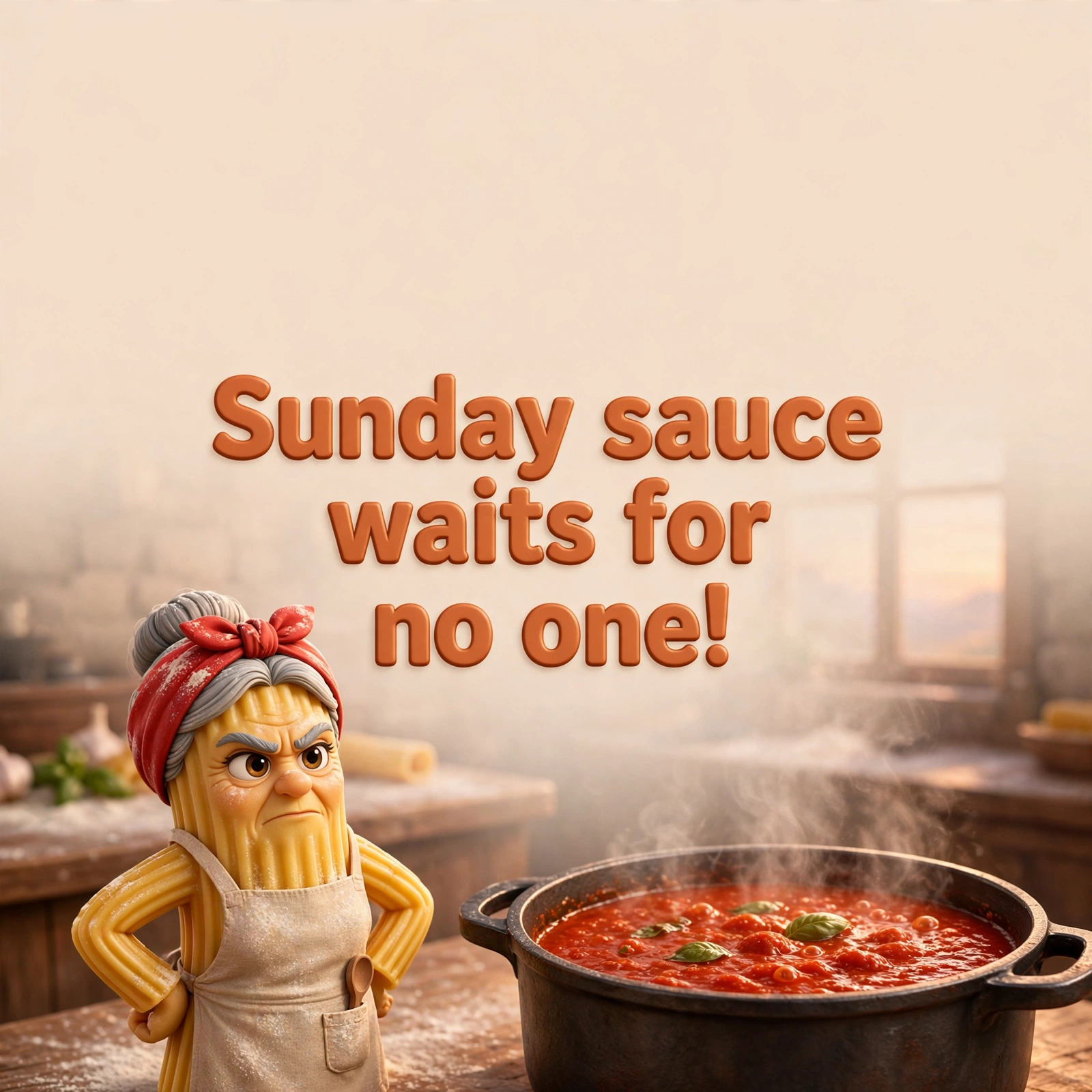AI-generated dramatization: Nonna Rigatoni social card — Sunday sauce waits for no one!
