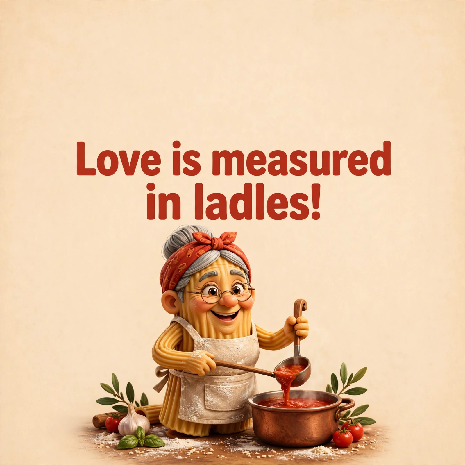 AI-generated dramatization: Nonna Rigatoni social card — Love is measured in ladles!