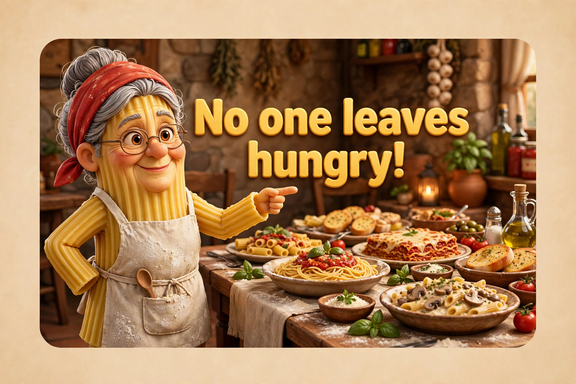AI-generated dramatization: Nonna Rigatoni social card — No one leaves hungry!