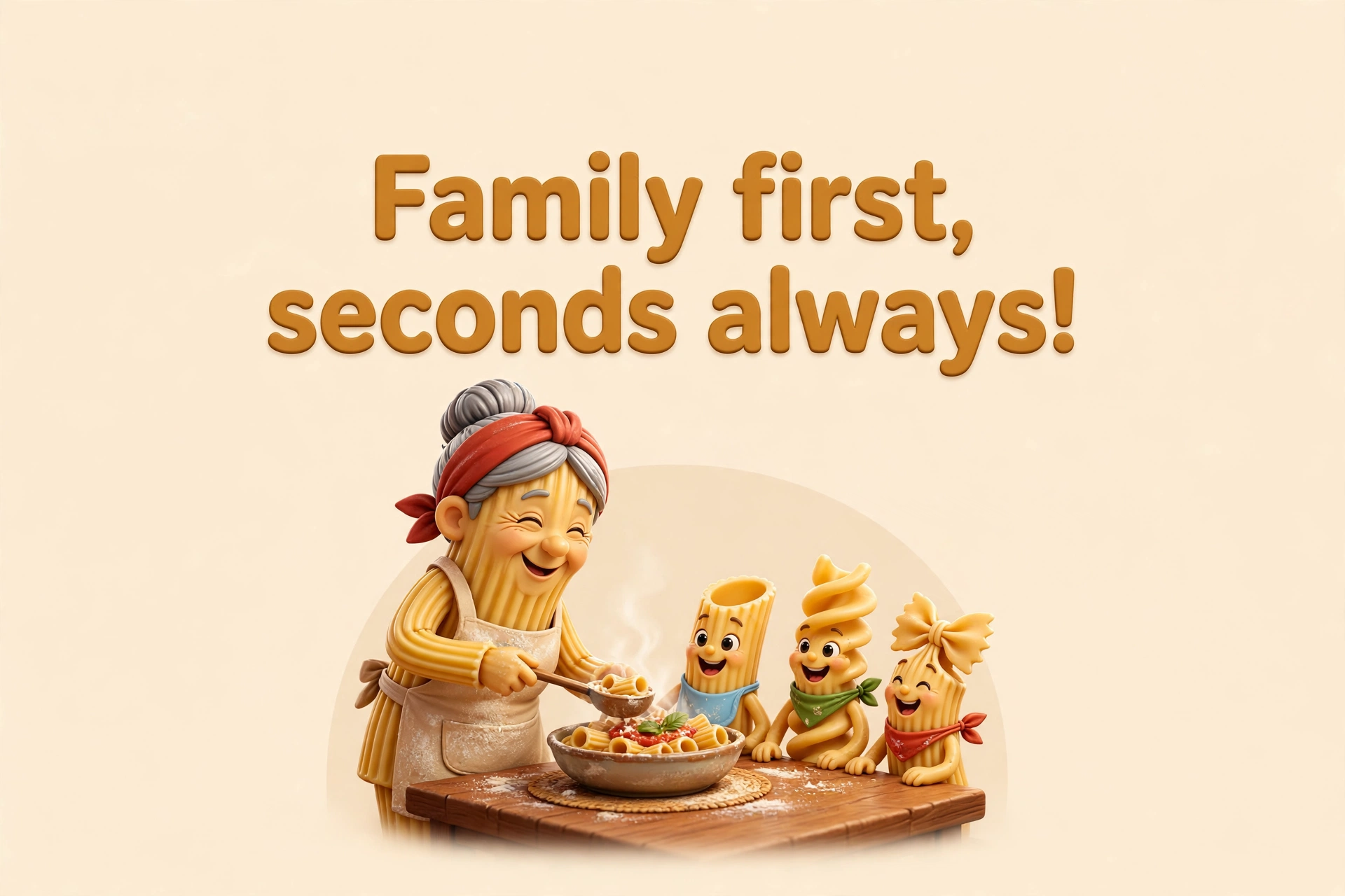 AI-generated dramatization: Nonna Rigatoni social card — Family first, seconds always!