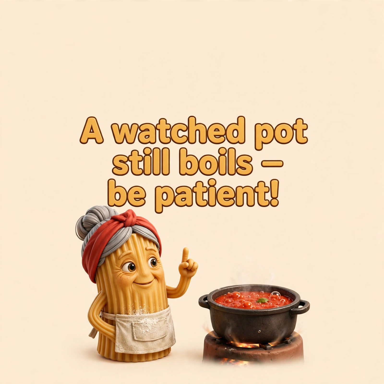 AI-generated dramatization: Nonna Rigatoni social card — A watched pot still boils — be patient!