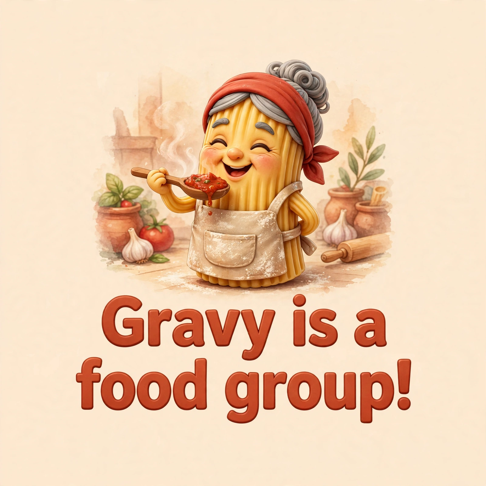 AI-generated dramatization: Nonna Rigatoni social card — Gravy is a food group!