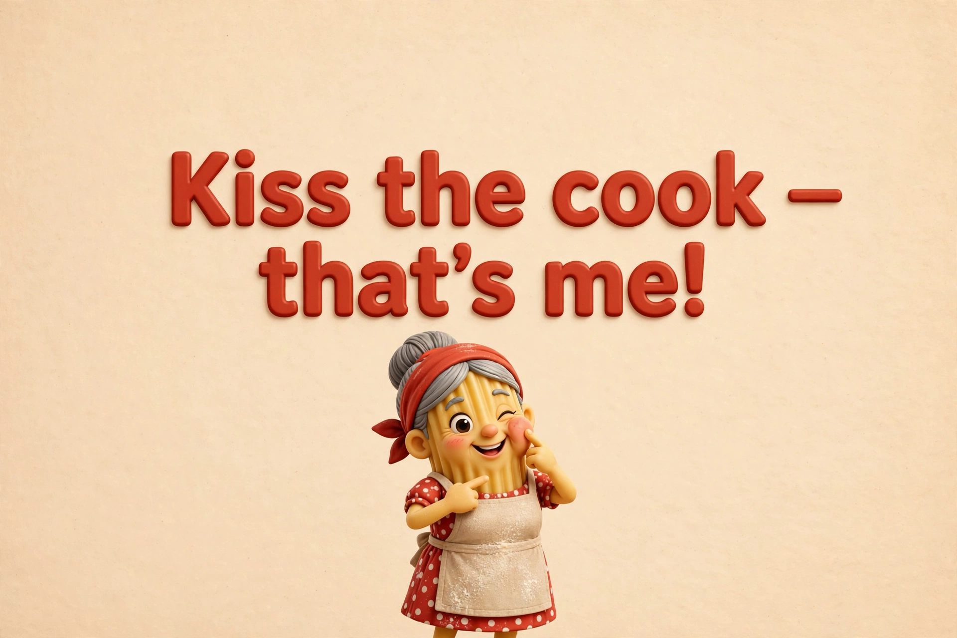 AI-generated dramatization: Nonna Rigatoni social card — Kiss the cook — that's me!