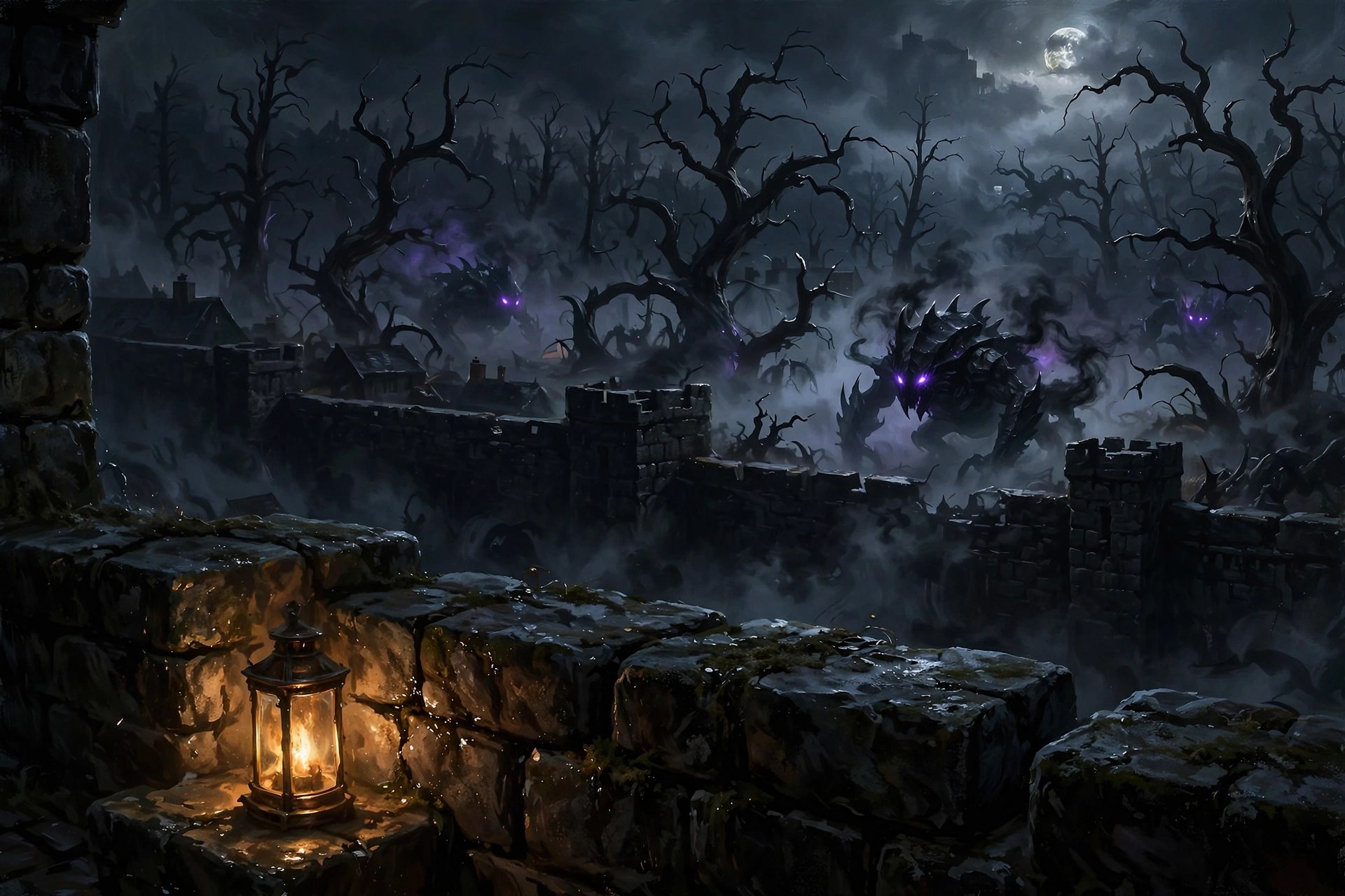 AI-generated dramatization art: shadow beasts with glowing violet eyes prowling at the edge of a dead forest beyond the walls