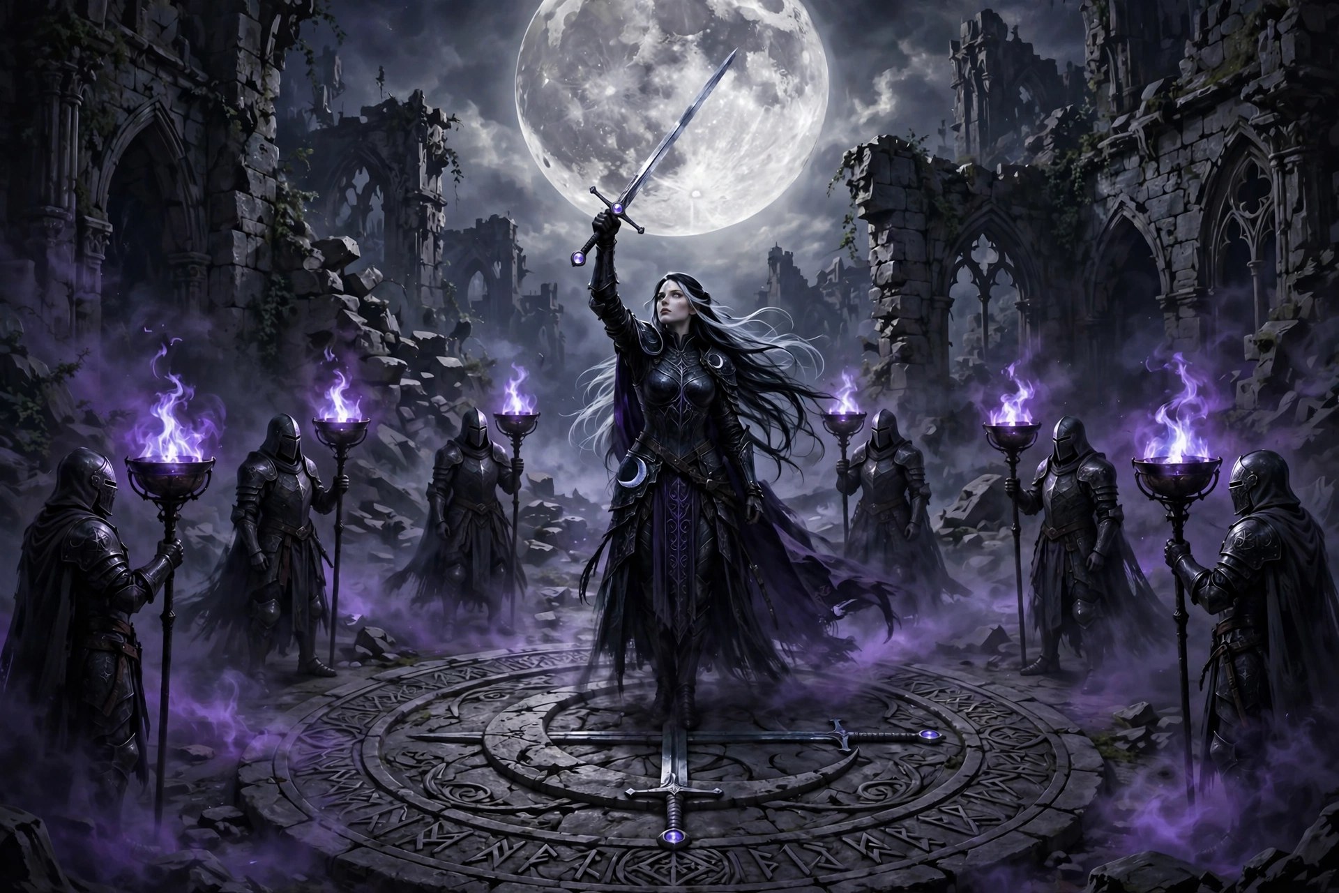 AI-generated dramatization art: wardens with violet braziers around a carved stone roundel under a full moon