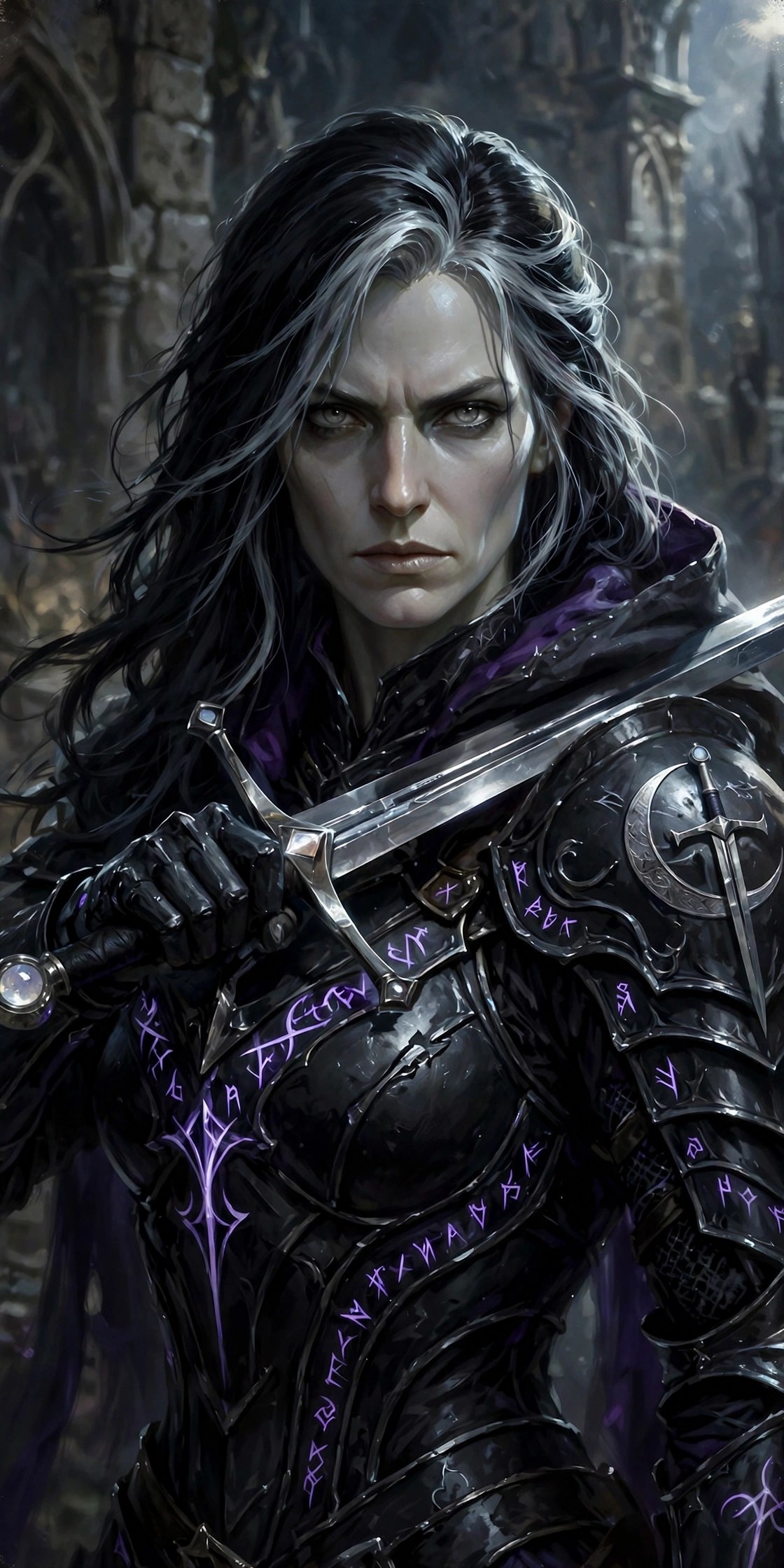 AI-generated dramatization art: portrait of Nyra Veyl, the Black Warden