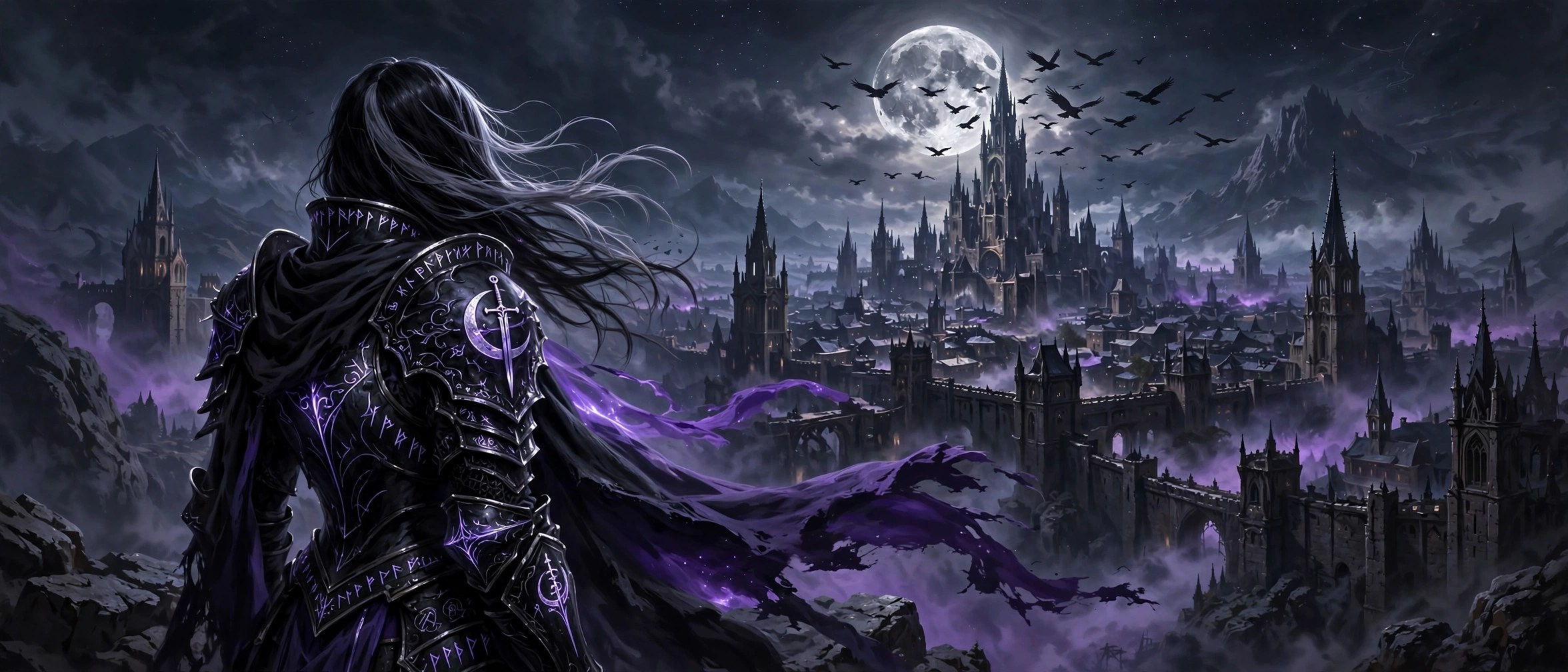 AI-generated dramatization art: Nyra Veyl overlooking Veyrhold from the walls at night