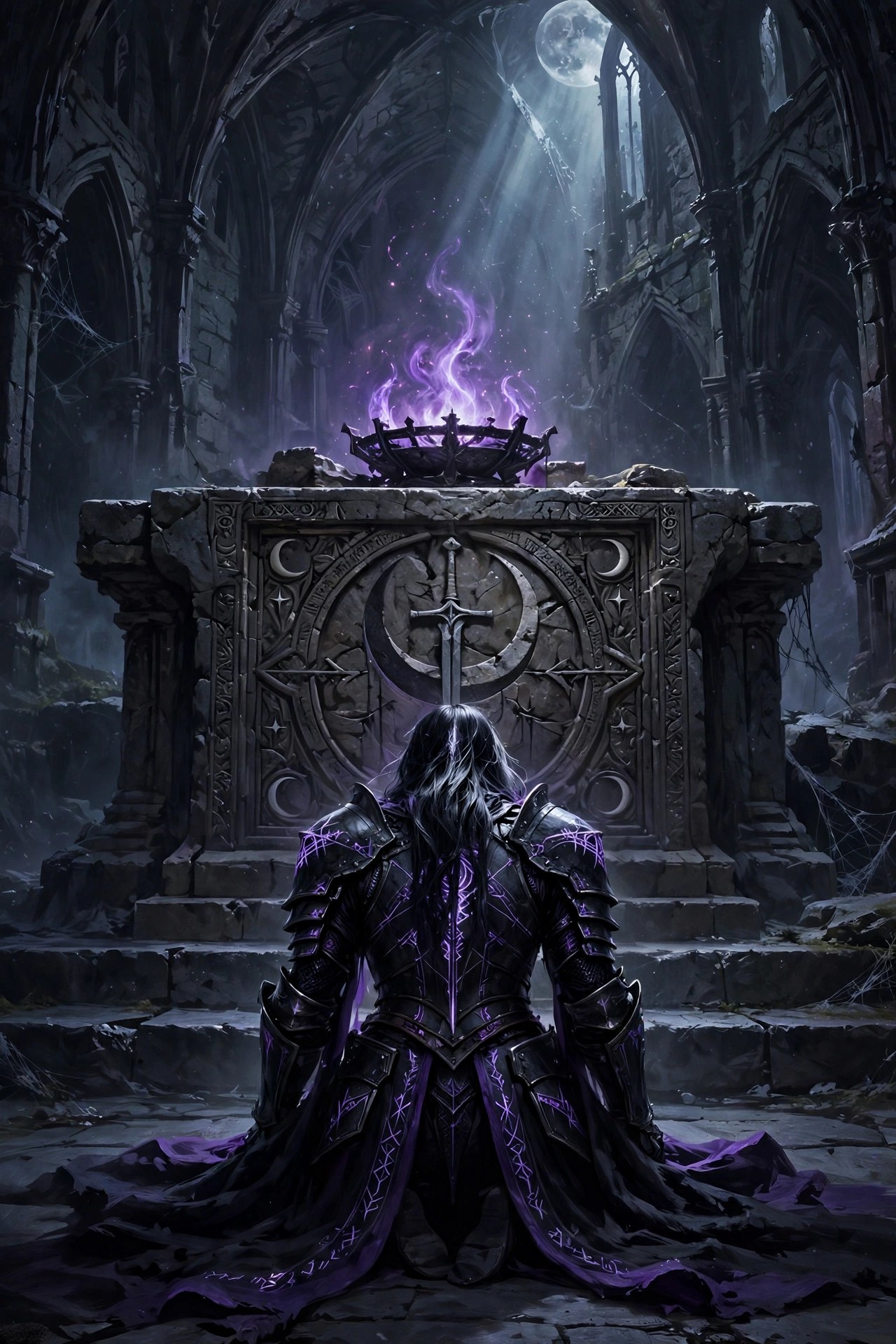 AI-generated dramatization art: a warden kneeling before the sigil altar